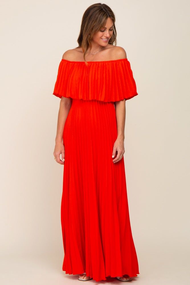 Orange Pleated Off Shoulder Maxi Dress sold by Pinkblush product image thumbnail 4