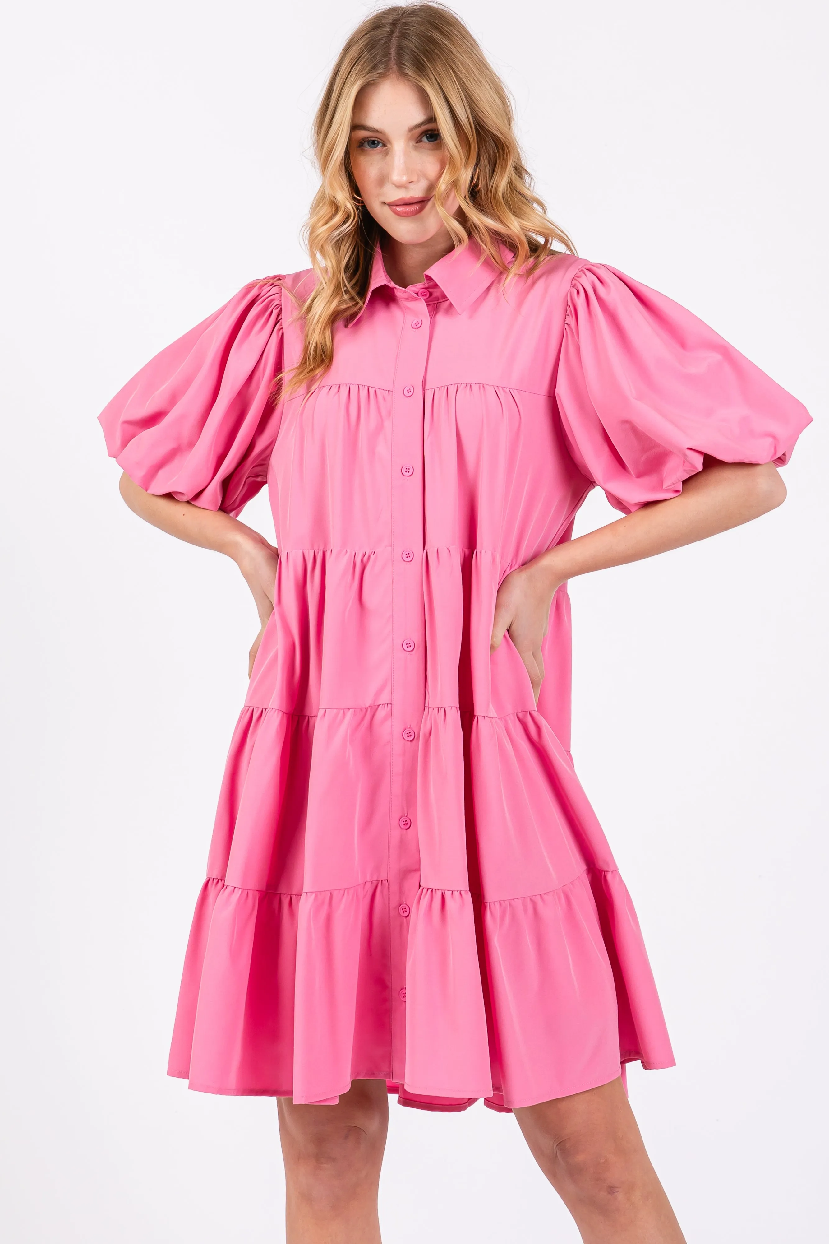 Pink Puff Sleeve Mini Shirt Dress sold by Pinkblush product image thumbnail 2