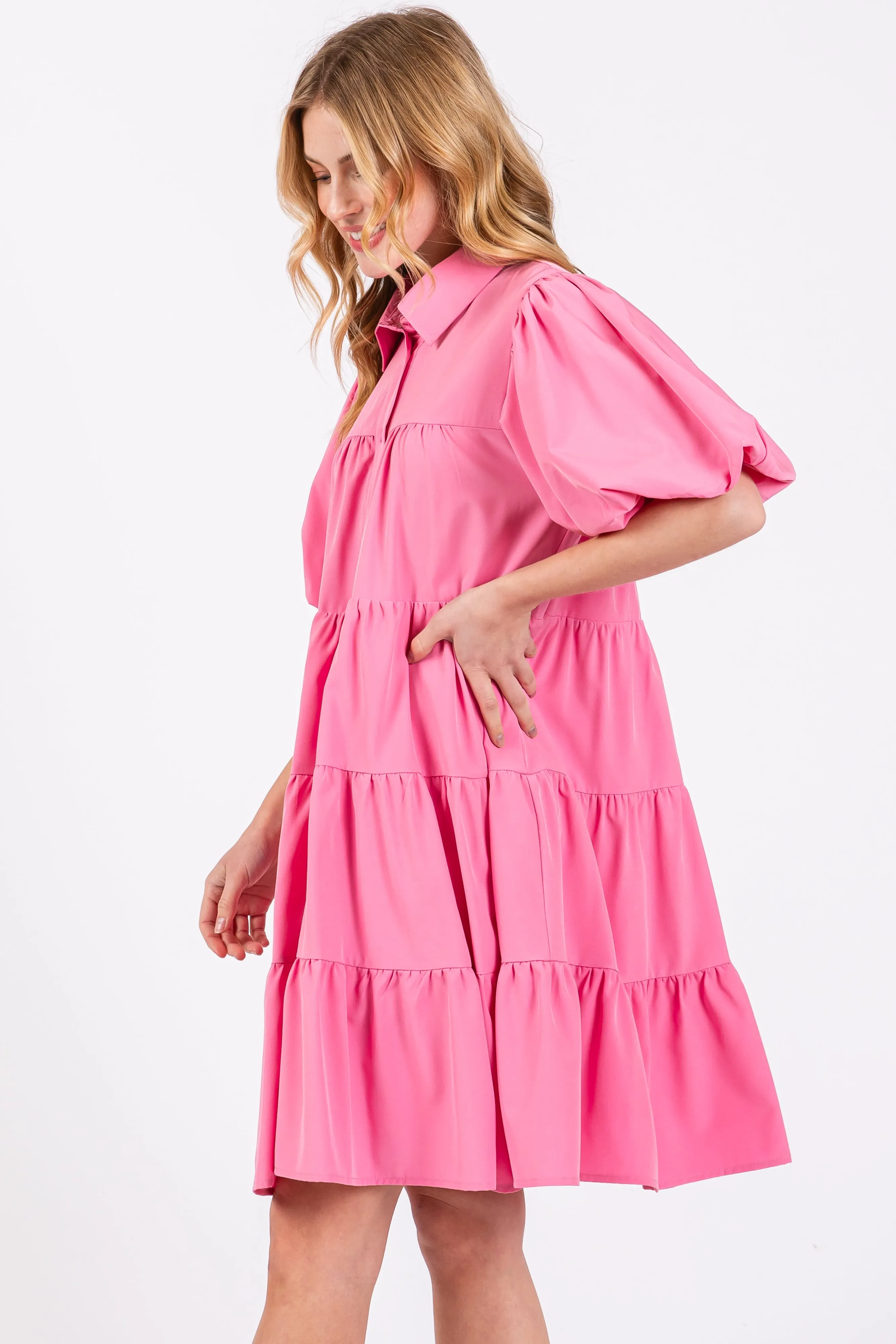 Pink Puff Sleeve Mini Shirt Dress sold by Pinkblush product image thumbnail 3
