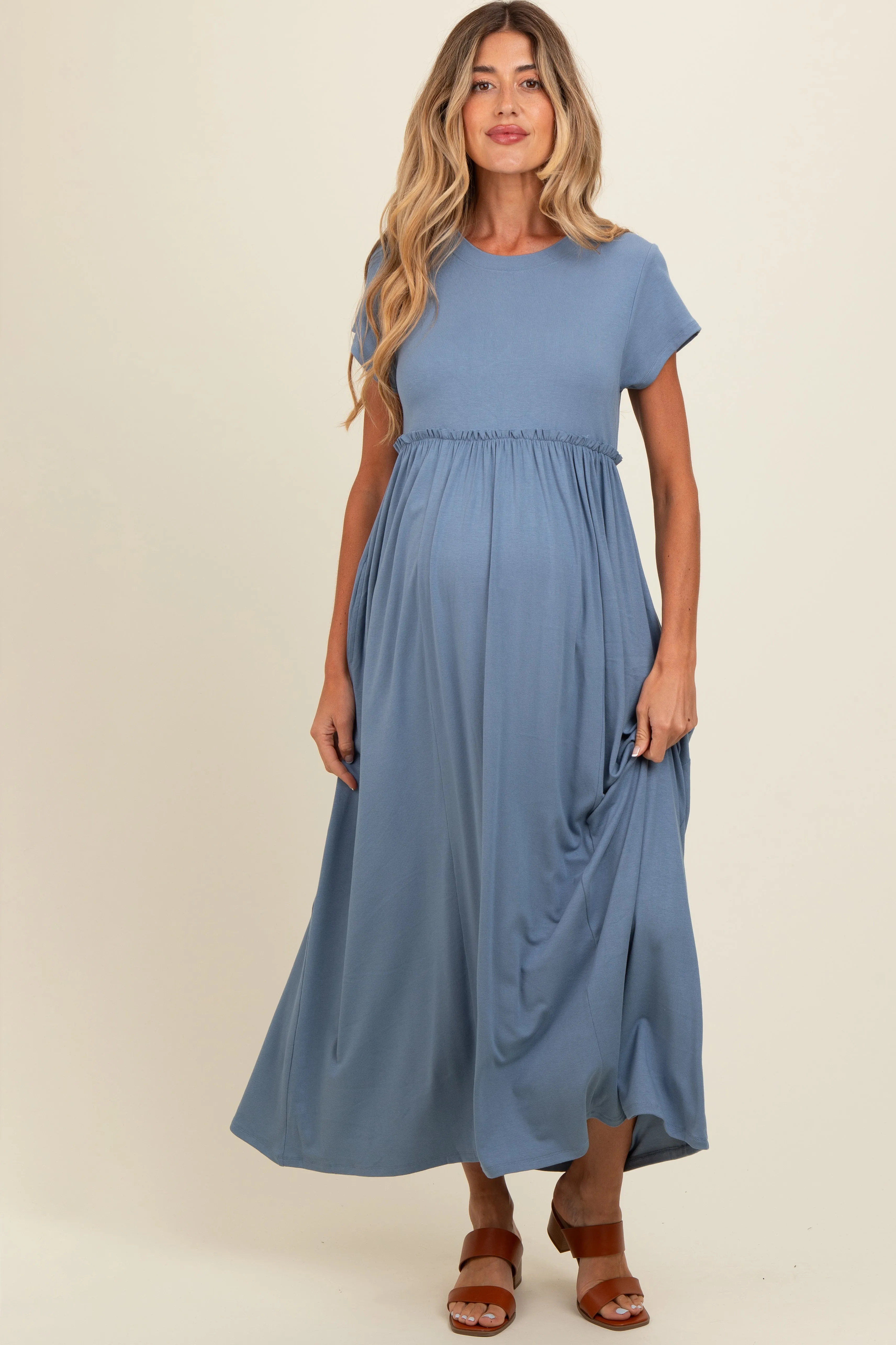 Blue Ruffle Trim Maternity Maxi Dress sold by Pinkblush