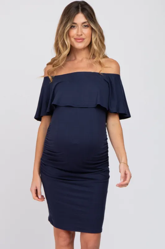 Navy Blue Off Shoulder Fitted Maternity Dress sold by Pinkblush