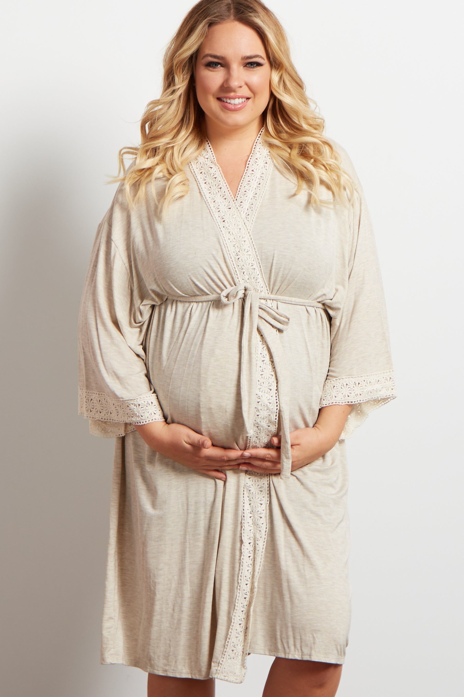 PinkBlush Ivory Crochet Trim Plus Delivery/Nursing Maternity Robe sold by Pinkblush