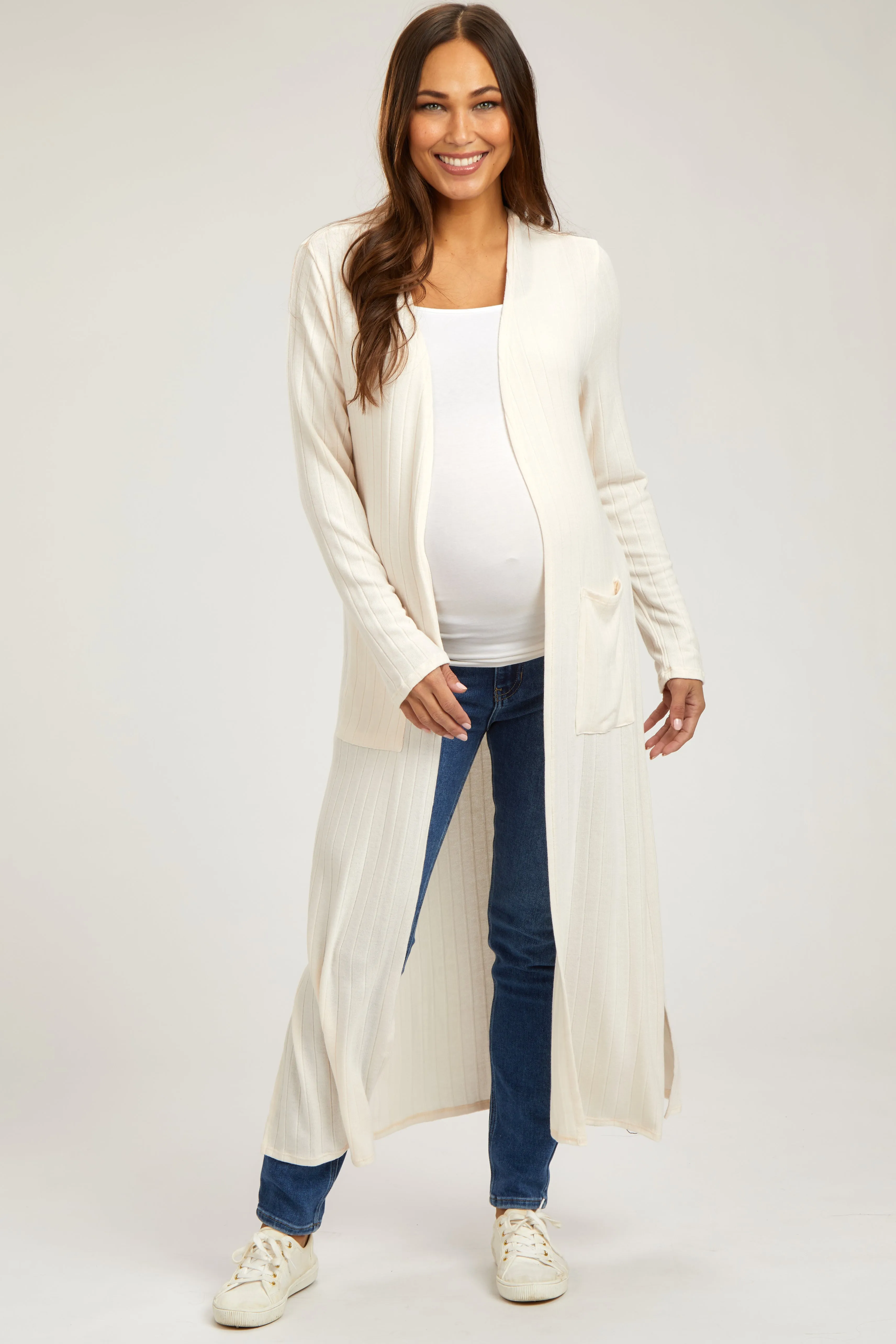 Ivory Rib Knit Long Maternity Cardigan sold by Pinkblush
