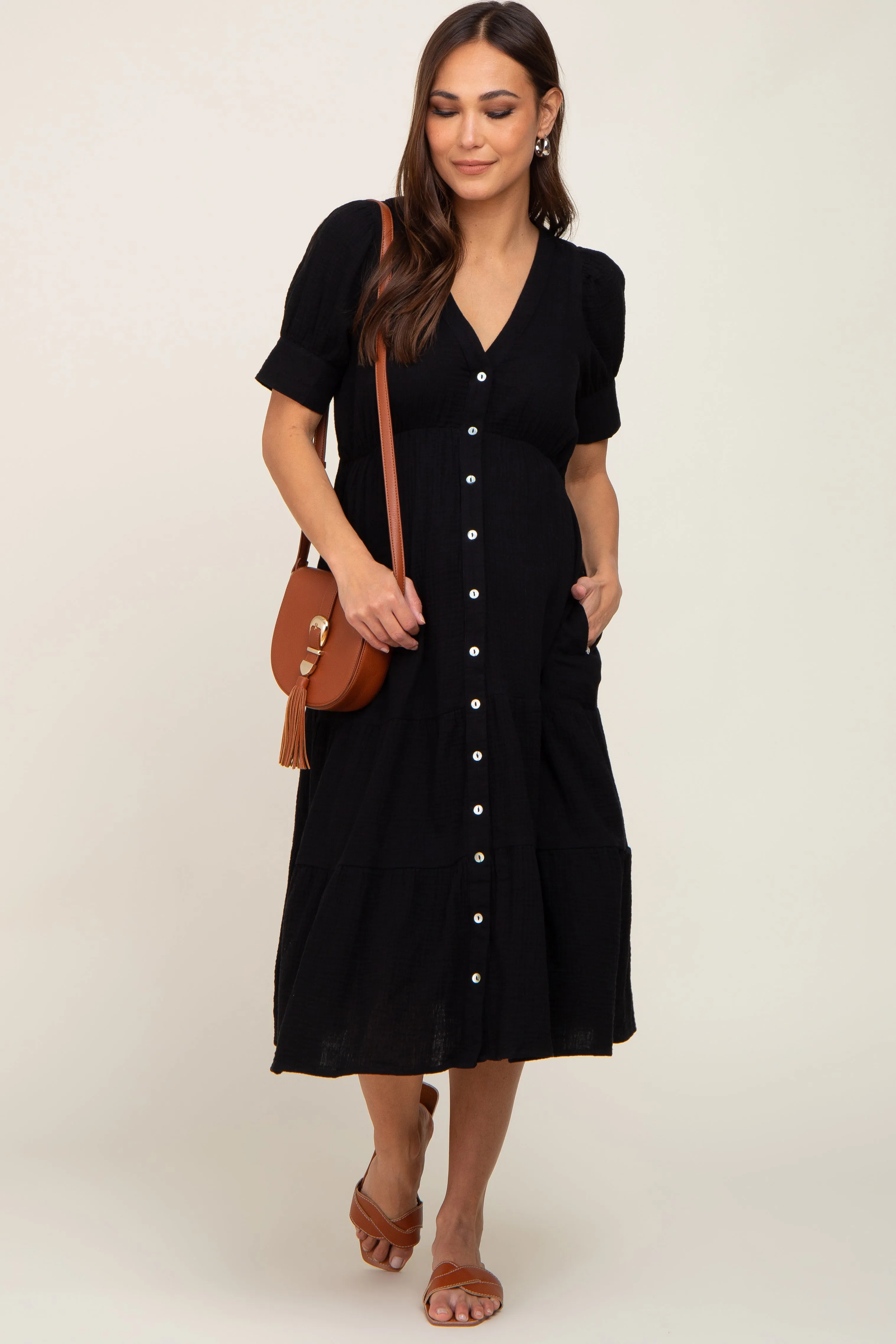 Black Button Down Short Sleeve Maternity Dress sold by Pinkblush product image thumbnail 4