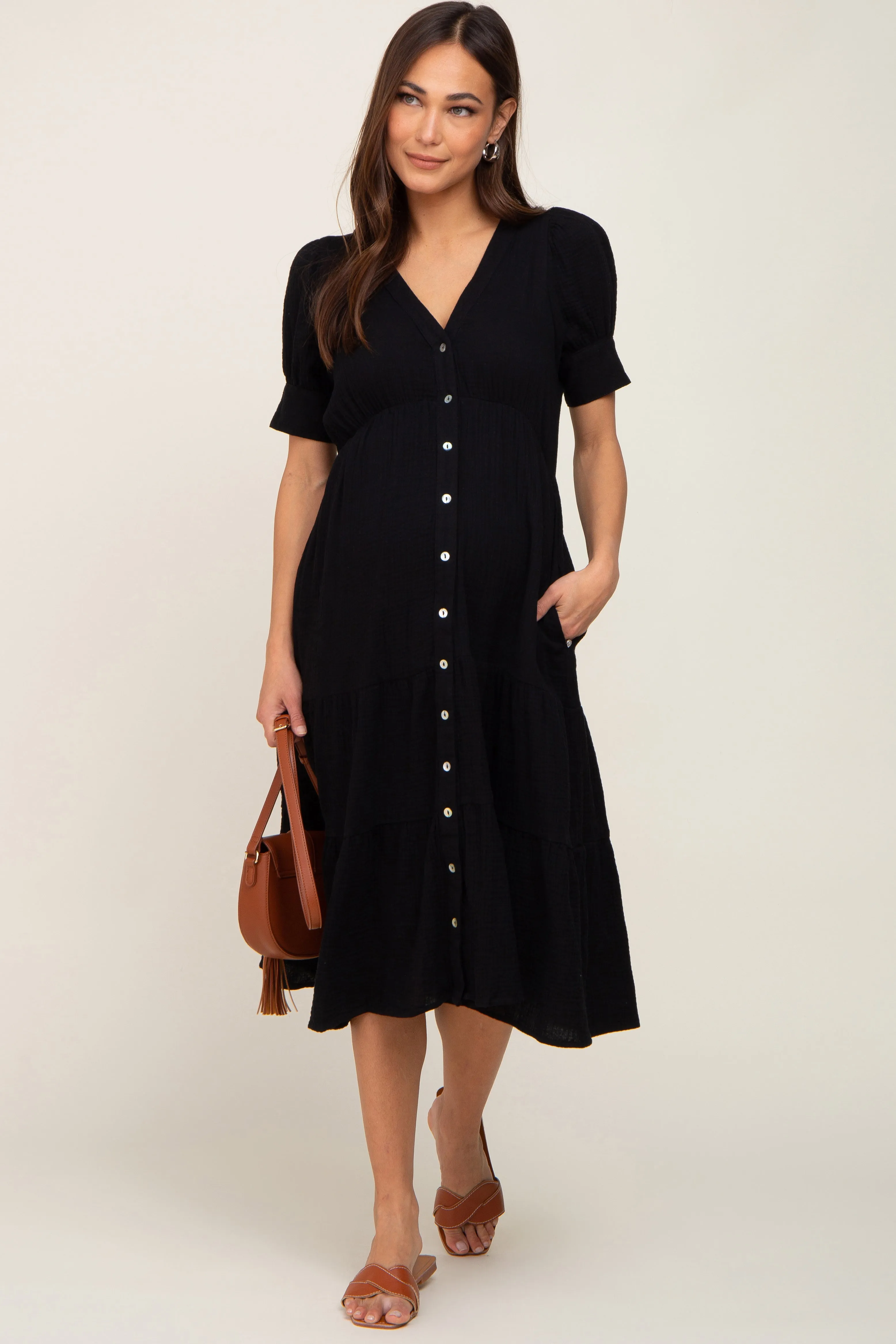 Black Button Down Short Sleeve Maternity Dress sold by Pinkblush