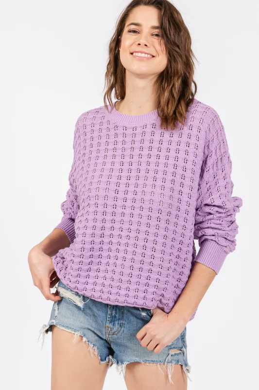 Lavender Open Knit Long Sleeve Top sold by Pinkblush