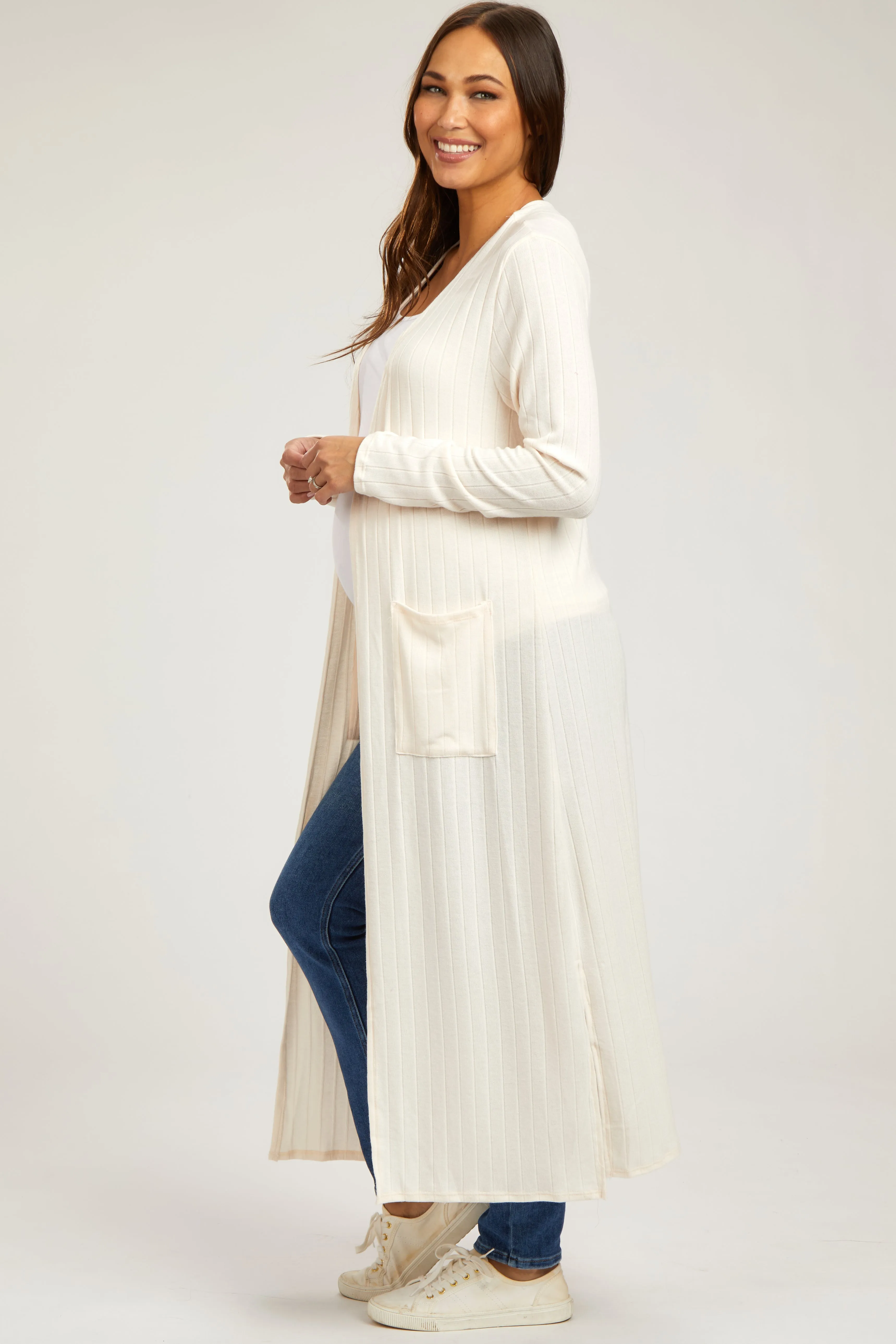 Ivory Rib Knit Long Maternity Cardigan sold by Pinkblush product image thumbnail 2