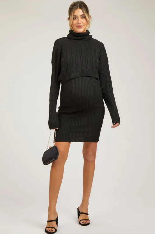 Black Cable Knit Crop Sweater Maternity Dress Set sold by Pinkblush