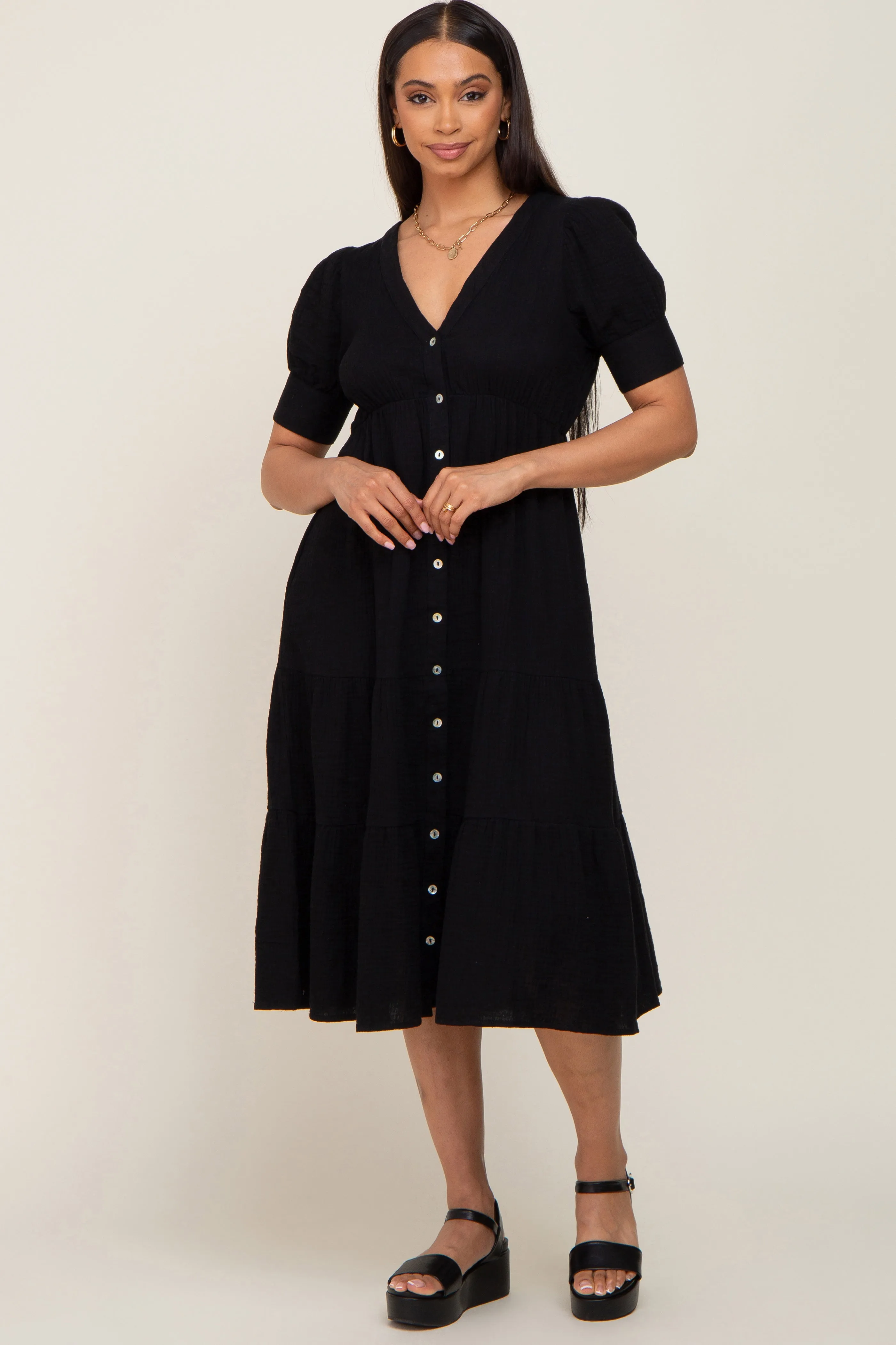 Black Button Down Short Sleeve Maternity Dress sold by Pinkblush product image thumbnail 5