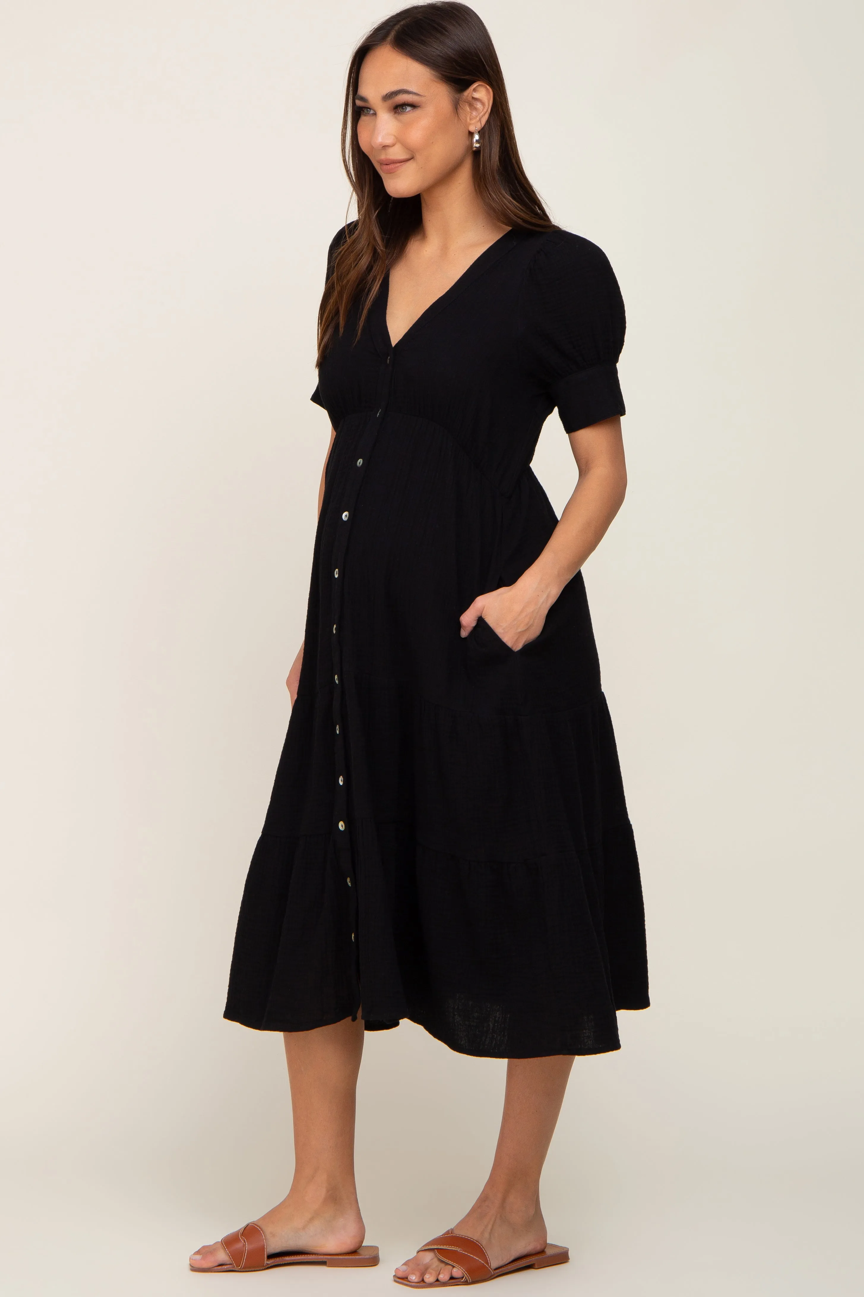 Black Button Down Short Sleeve Maternity Dress sold by Pinkblush product image thumbnail 2