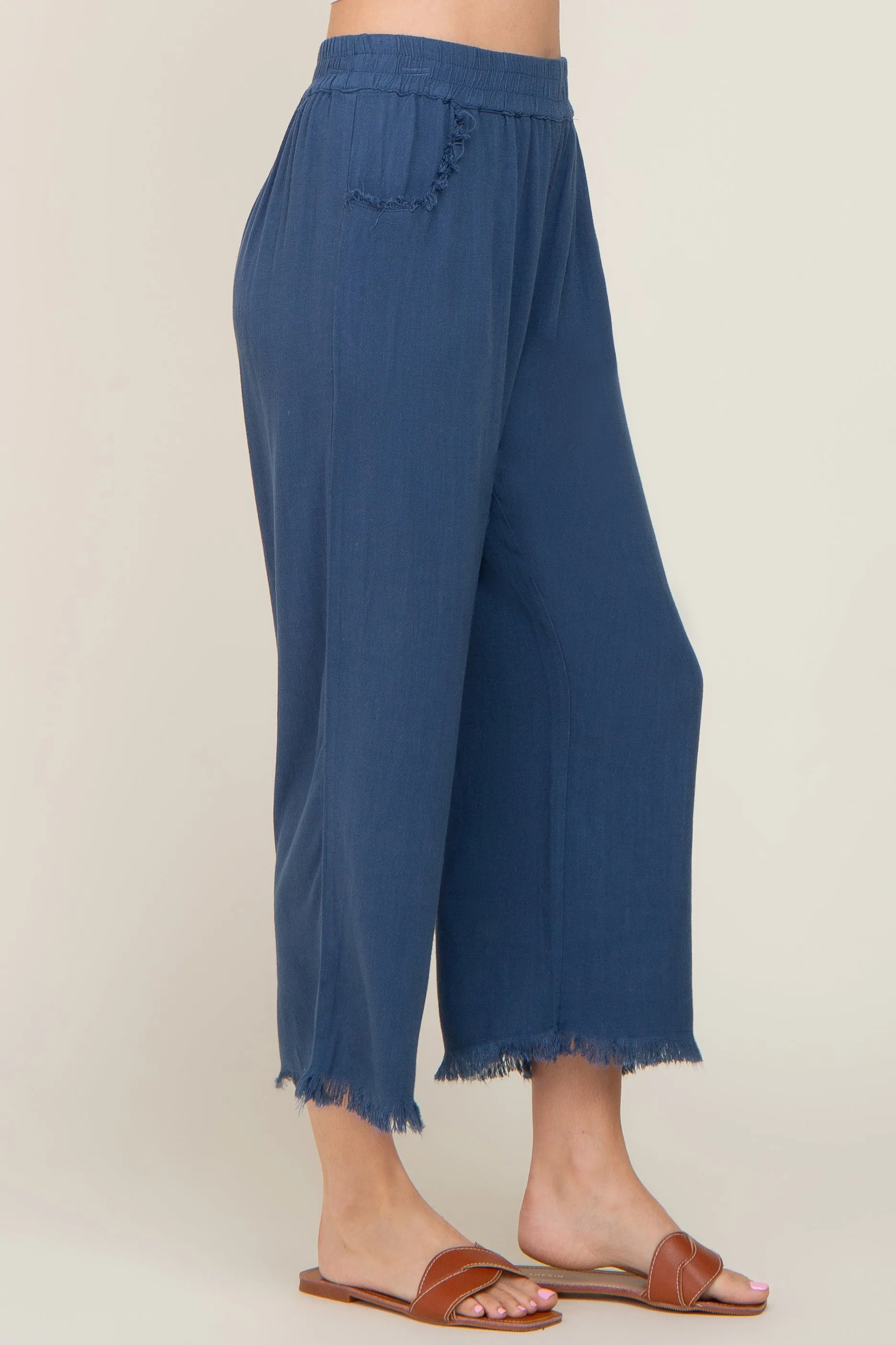 Navy Linen Frayed Hem Crop Pants sold by Pinkblush product image thumbnail 3