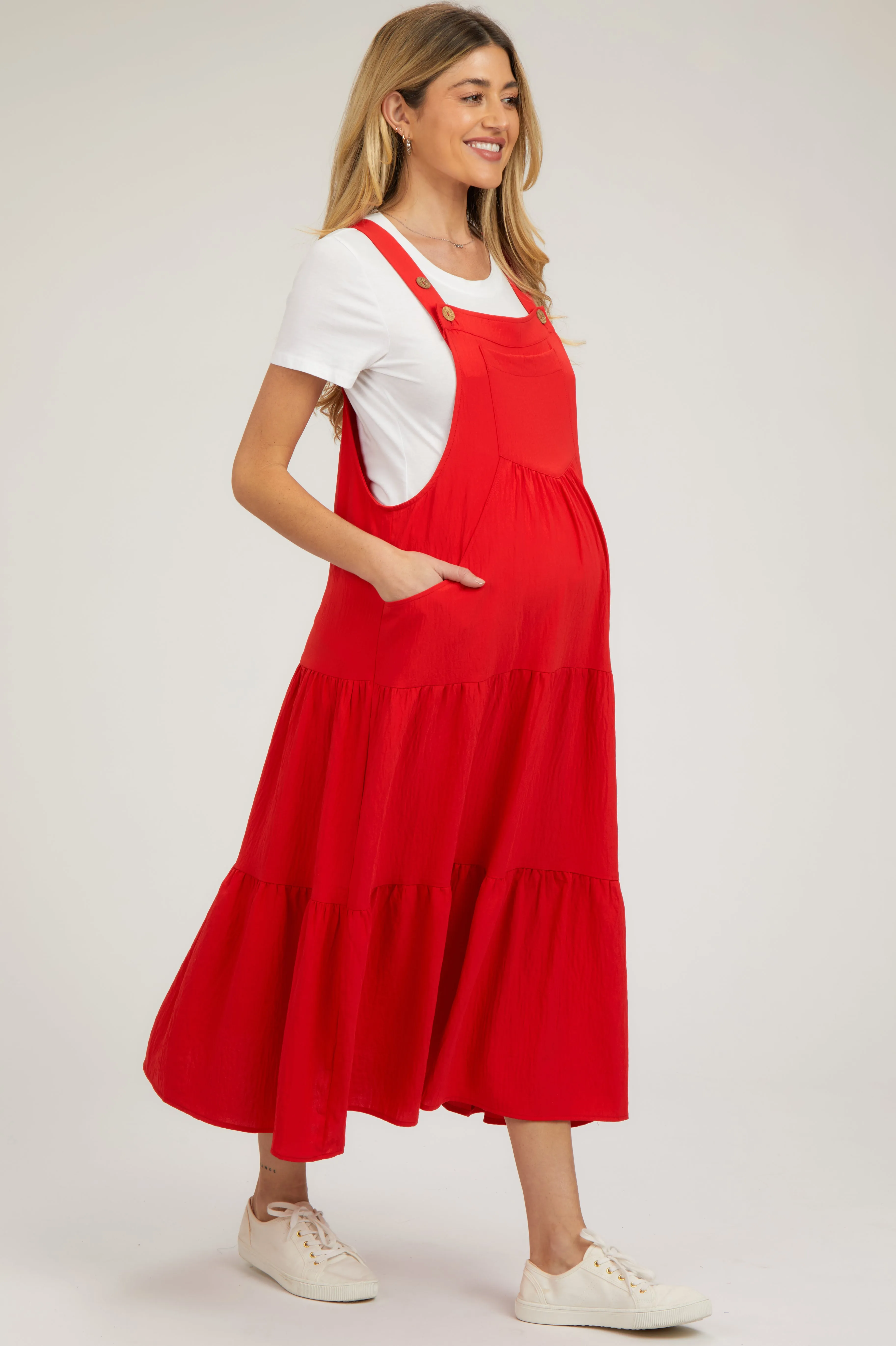 Red Button Sling Tiered Maternity Midi Dress sold by Pinkblush product image thumbnail 2