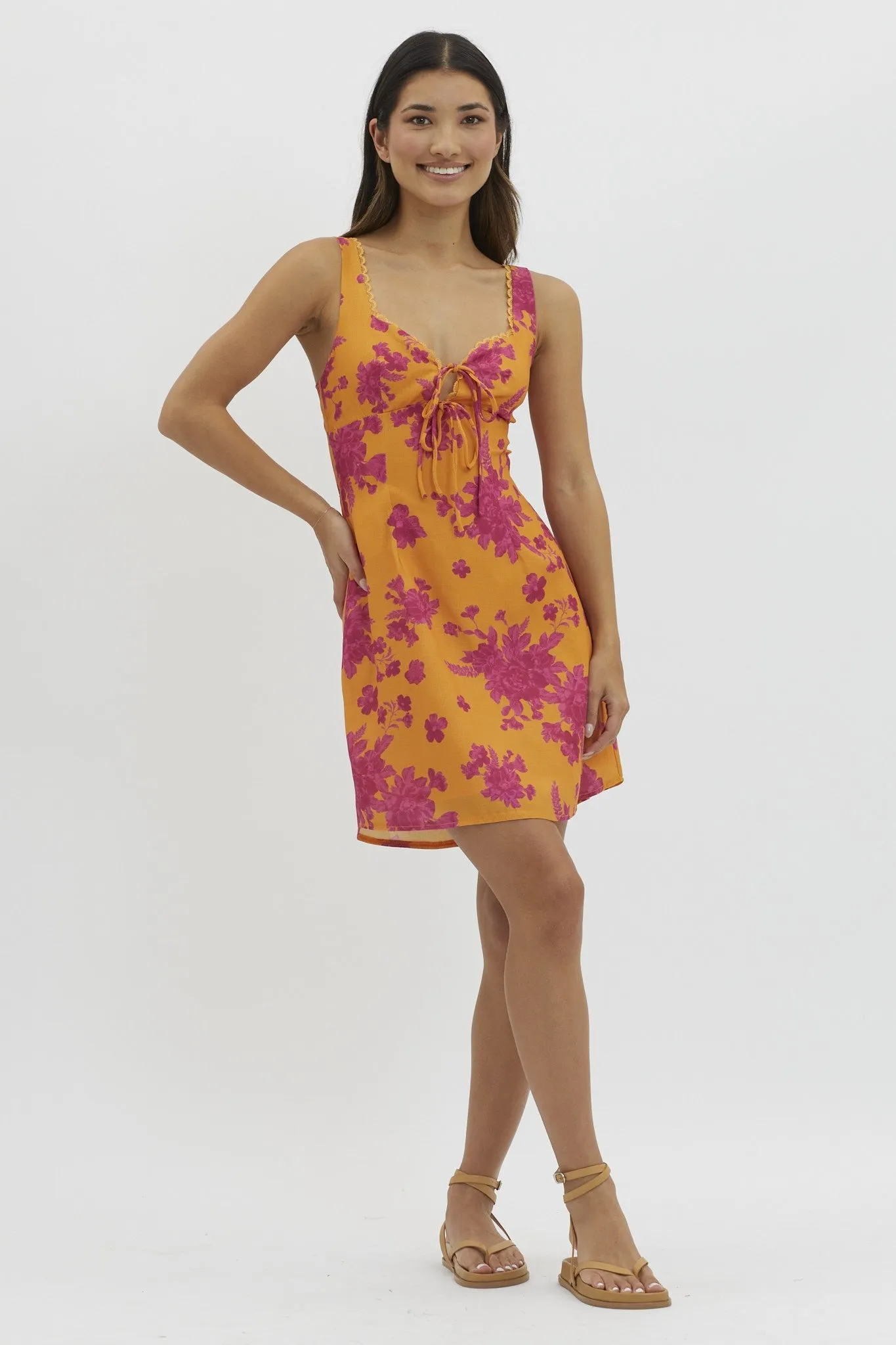 Orange Sleeveless Floral Print Front Tie Mini Dress sold by Pinkblush product image thumbnail 3