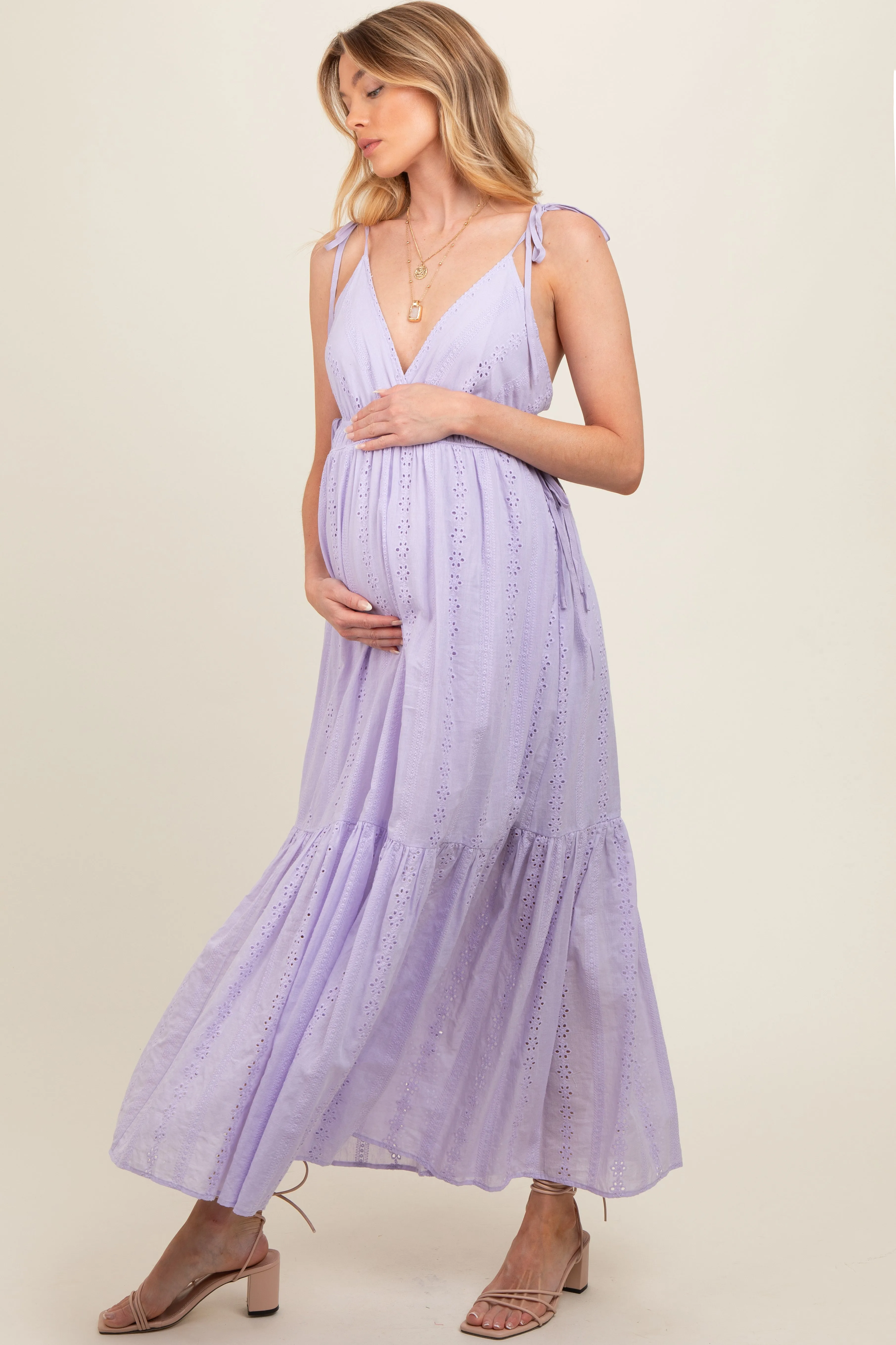Lavender Floral Eyelet Shoulder Tie Maternity Dress sold by Pinkblush product image thumbnail 2