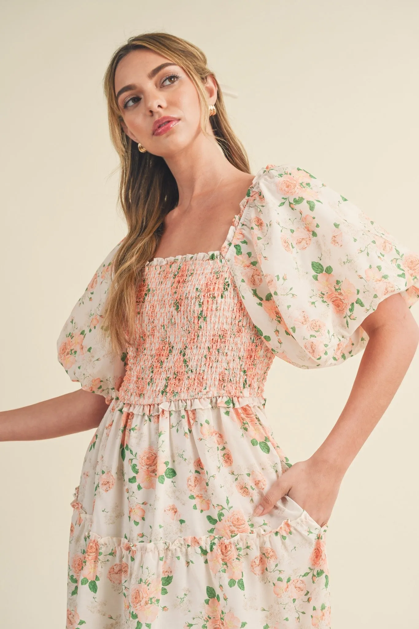 Peach Floral Smocked Puff Sleeve Midi Dress sold by Pinkblush product image thumbnail 5