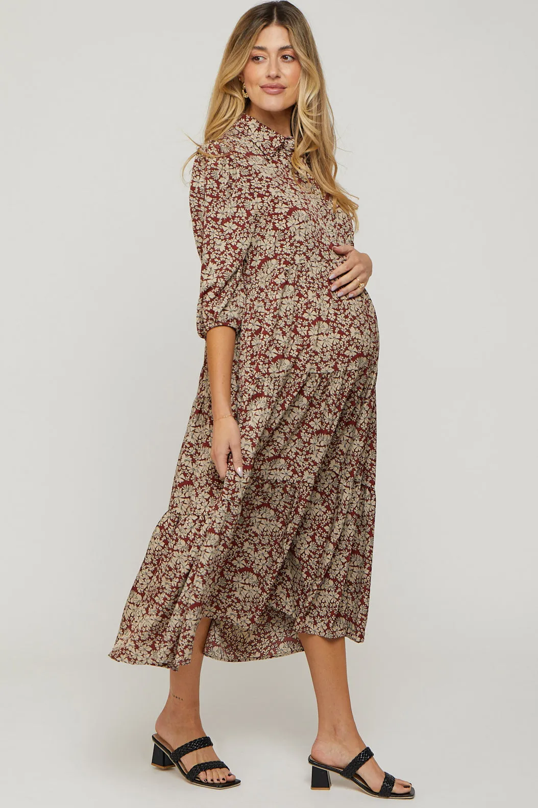 Burgundy Floral Collared Tiered Maternity Maxi Dress sold by Pinkblush product image thumbnail 2