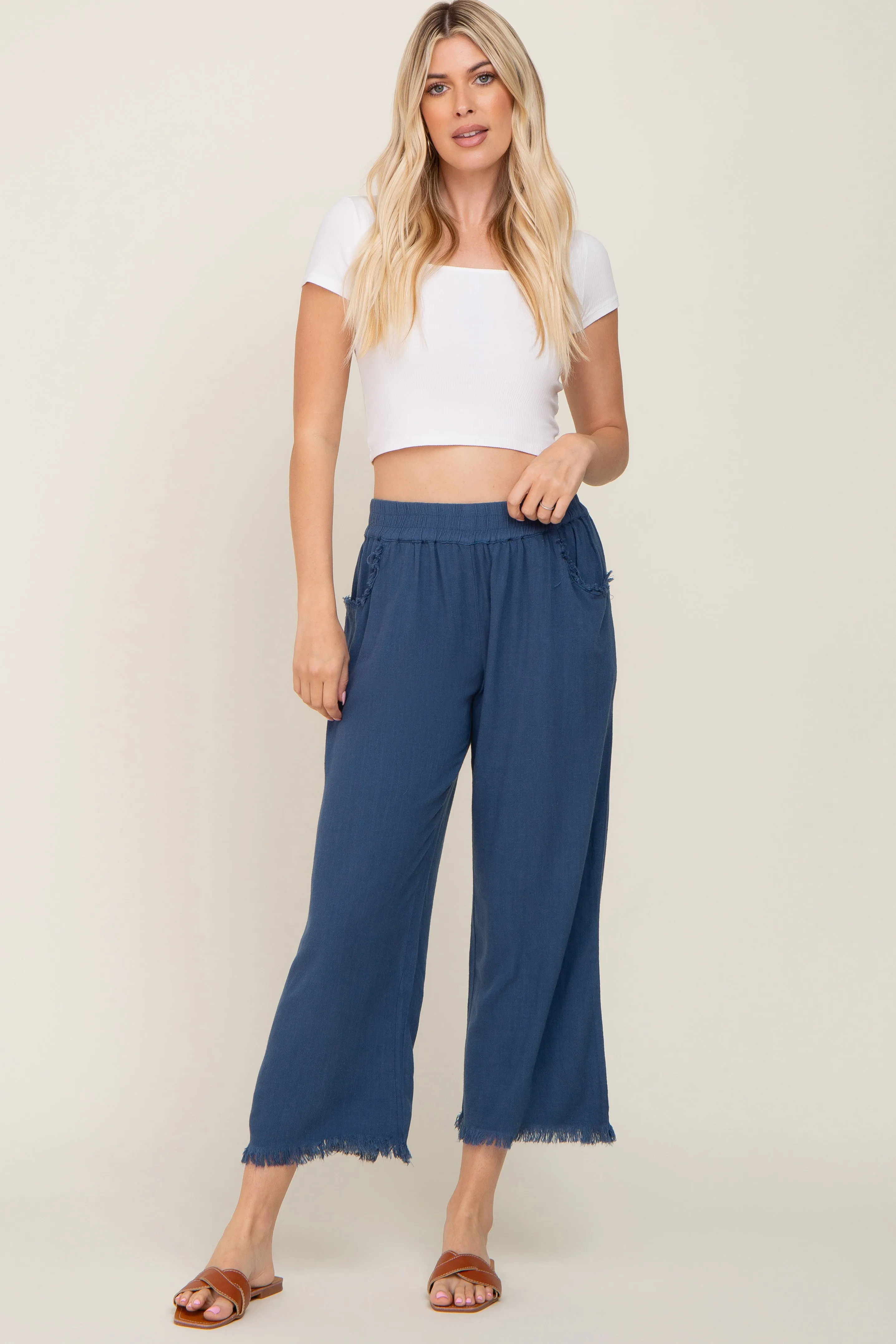 Navy Linen Frayed Hem Crop Pants sold by Pinkblush