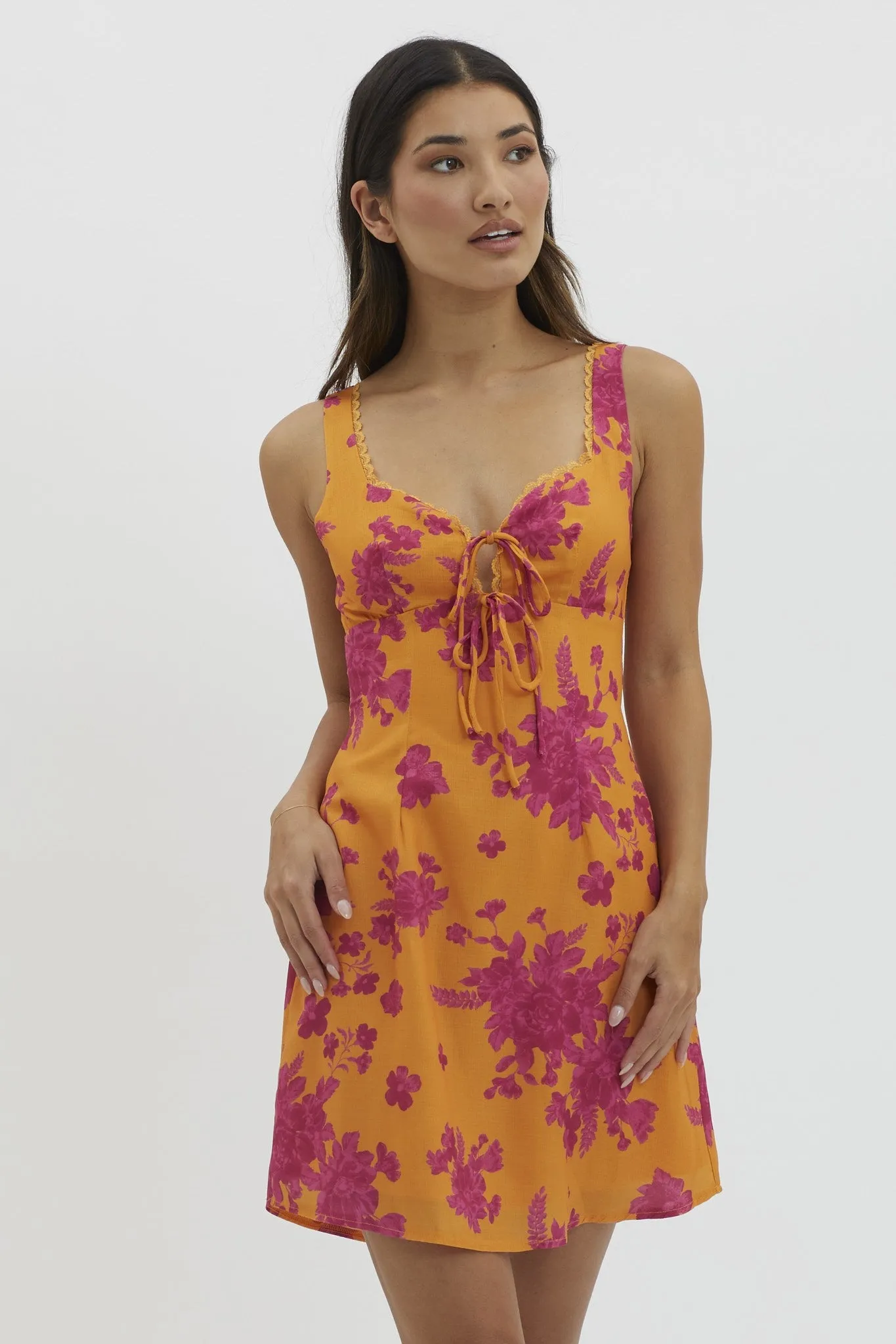 Orange Sleeveless Floral Print Front Tie Mini Dress sold by Pinkblush