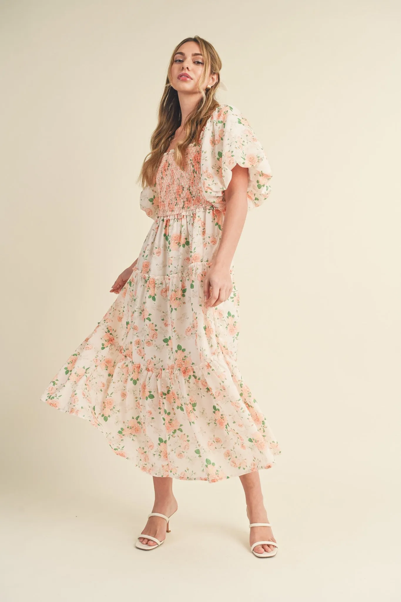 Peach Floral Smocked Puff Sleeve Midi Dress sold by Pinkblush product image thumbnail 3