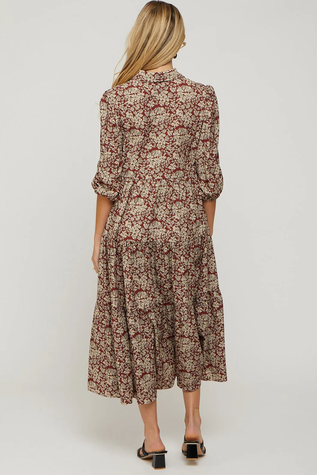 Burgundy Floral Collared Tiered Maternity Maxi Dress sold by Pinkblush product image thumbnail 3