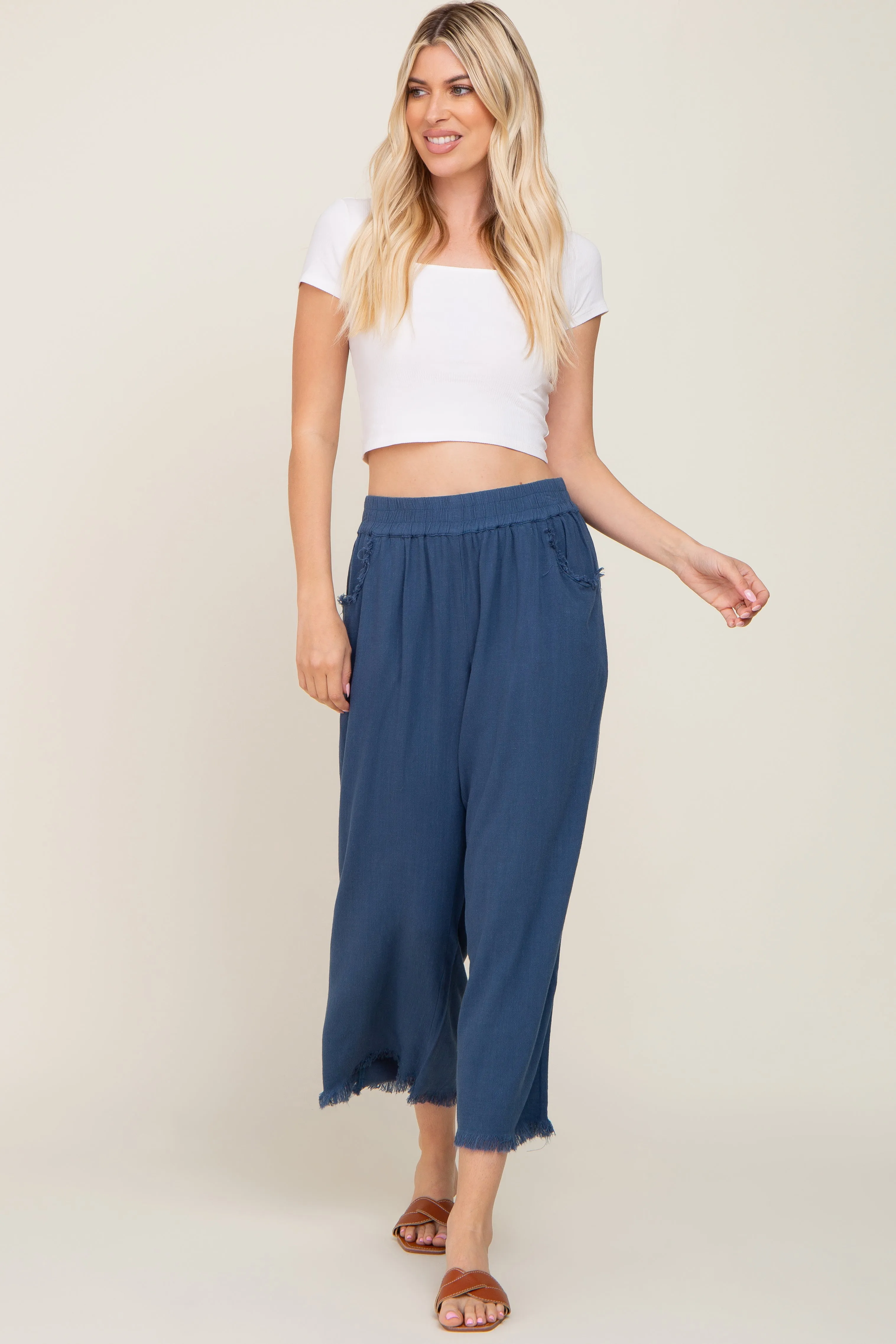 Navy Linen Frayed Hem Crop Pants sold by Pinkblush product image thumbnail 5