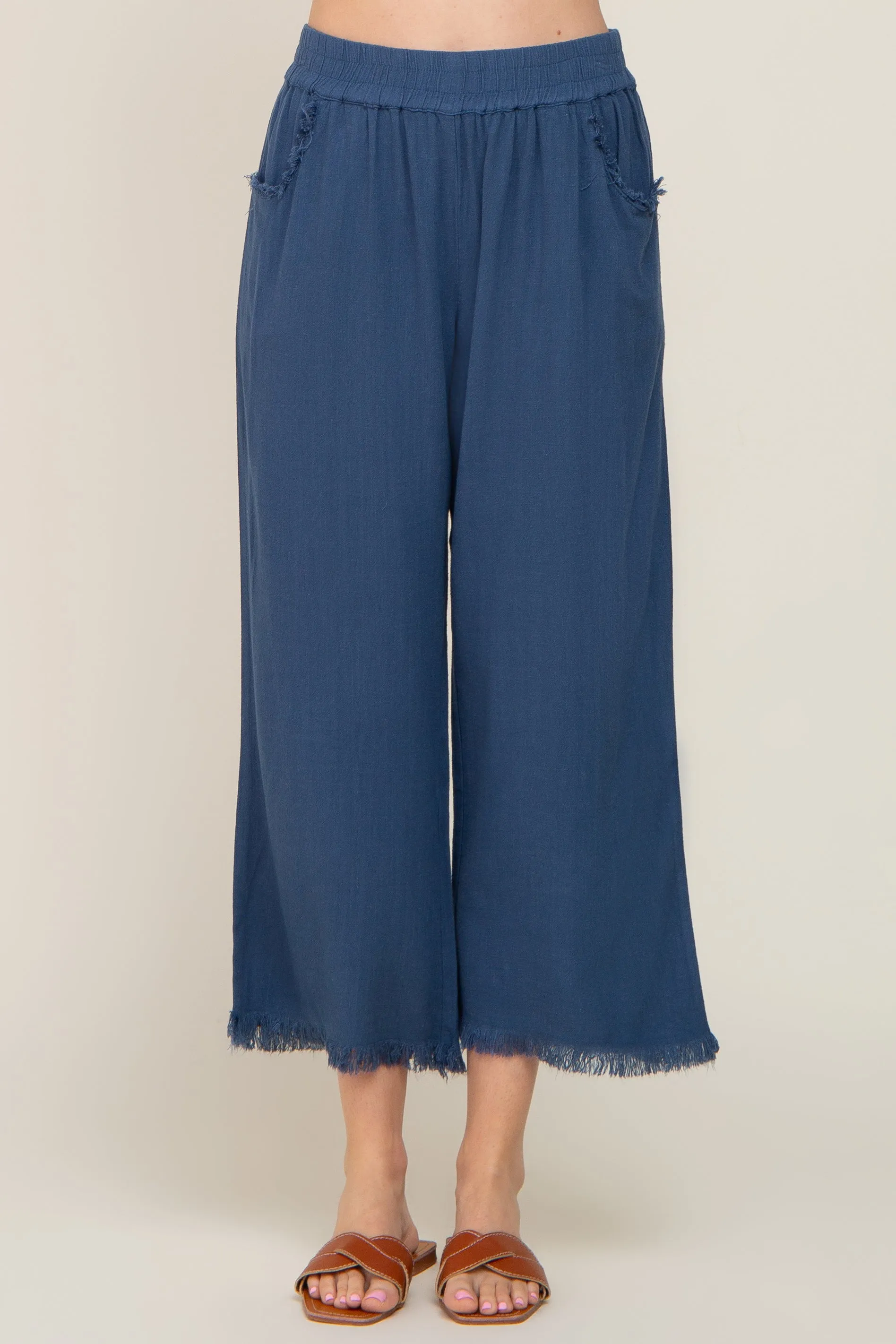 Navy Linen Frayed Hem Crop Pants sold by Pinkblush product image thumbnail 2