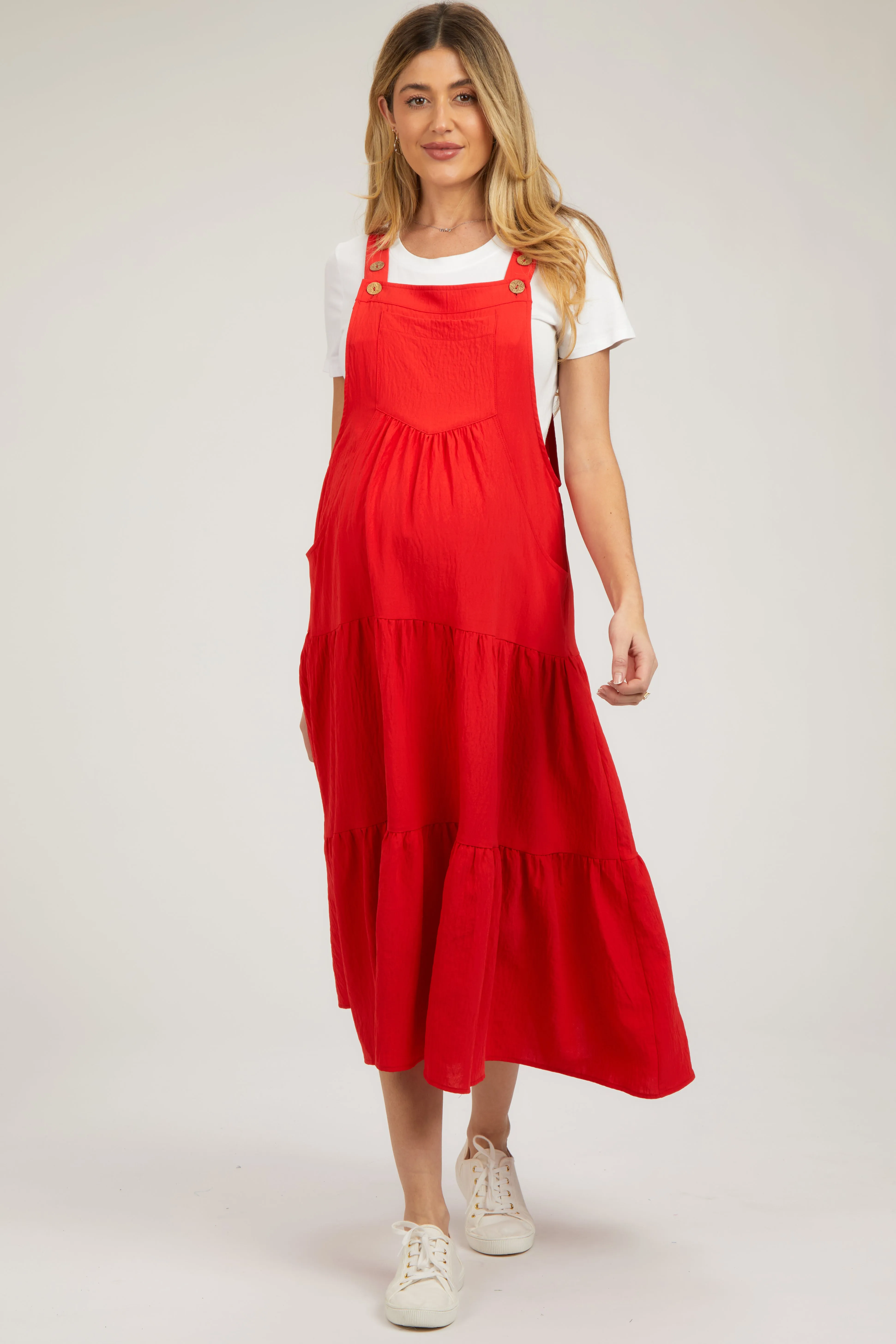 Red Button Sling Tiered Maternity Midi Dress sold by Pinkblush