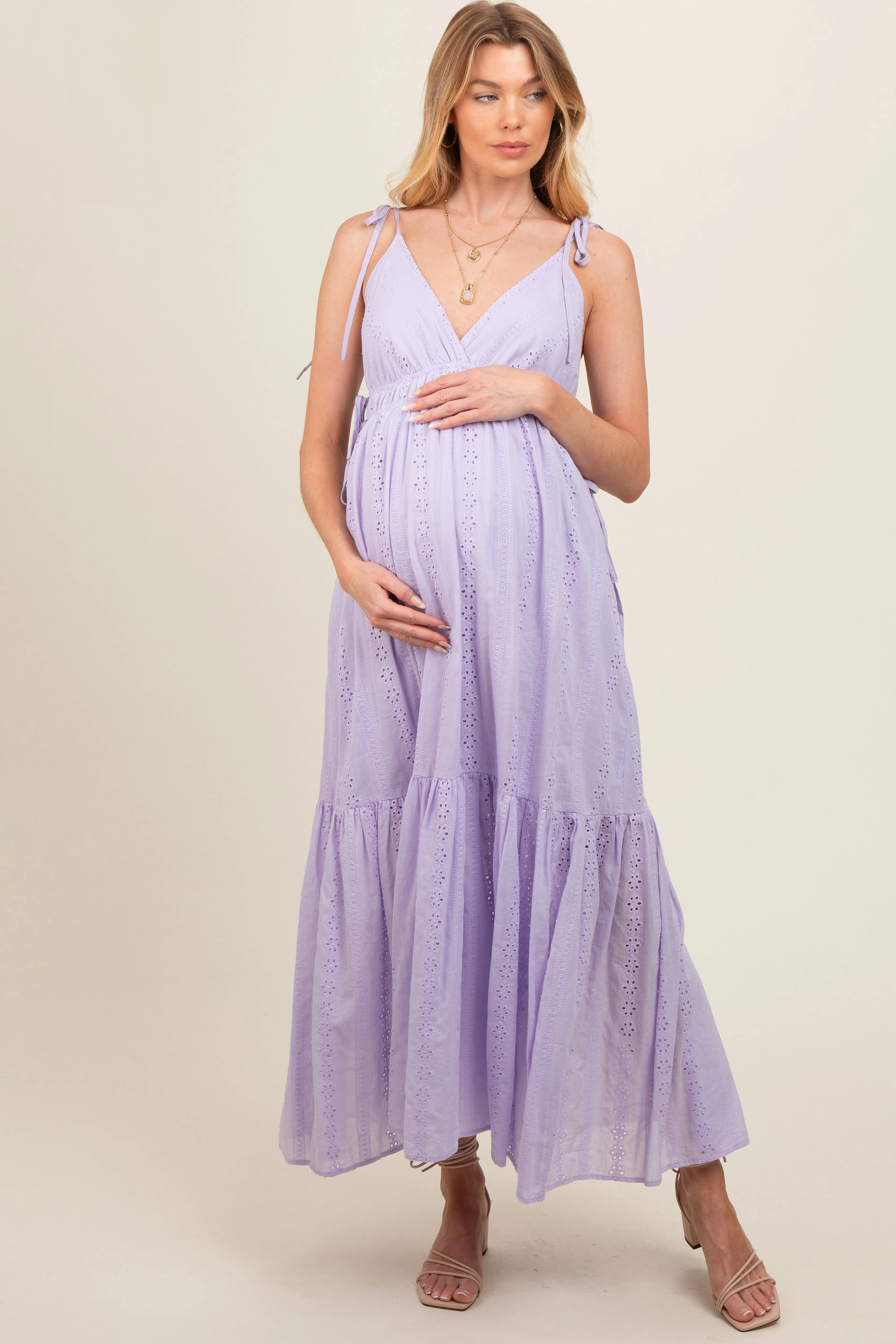 Lavender Floral Eyelet Shoulder Tie Maternity Dress sold by Pinkblush