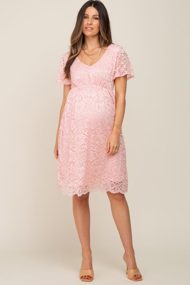 Pink Lace Knee Length Maternity Dress sold by Pinkblush