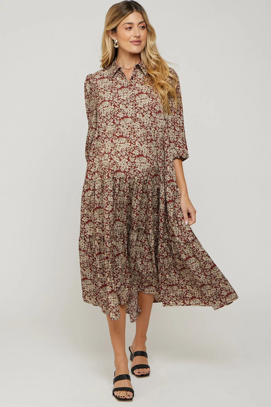 Burgundy Floral Collared Tiered Maternity Maxi Dress sold by Pinkblush product image thumbnail 4