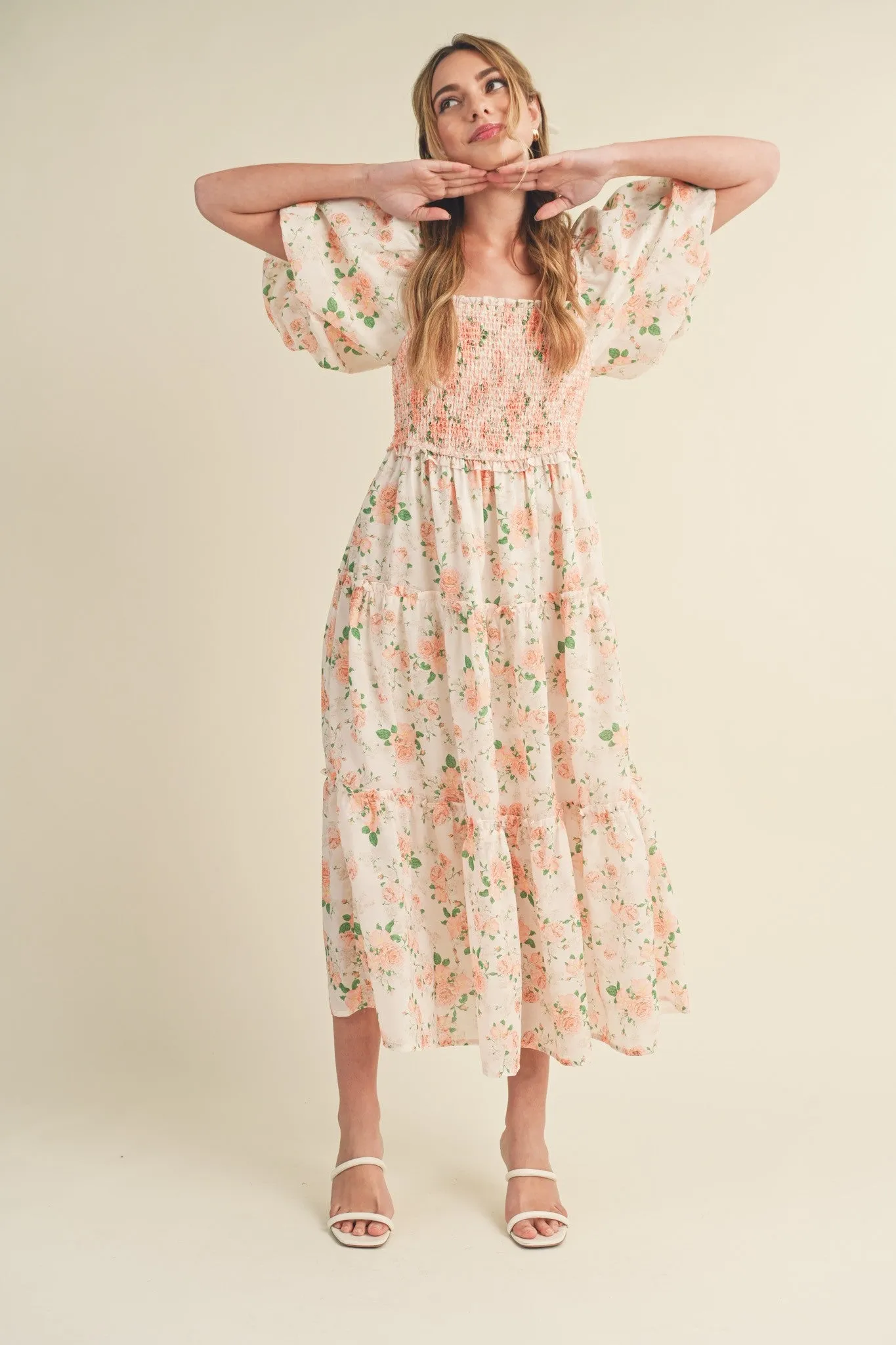 Peach Floral Smocked Puff Sleeve Midi Dress sold by Pinkblush