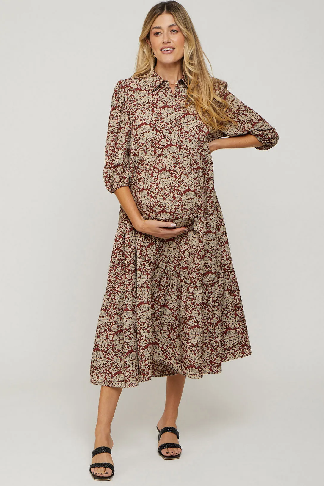 Burgundy Floral Collared Tiered Maternity Maxi Dress sold by Pinkblush