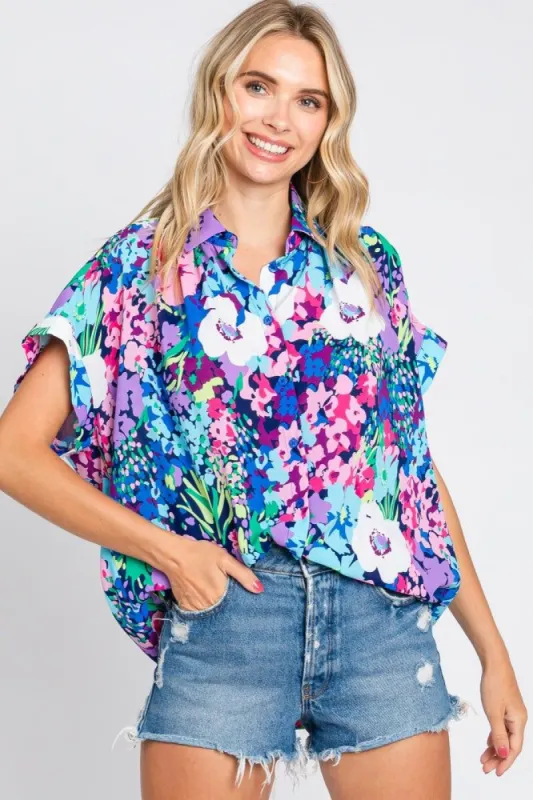 Navy Abstract Floral Button Down Top sold by Pinkblush