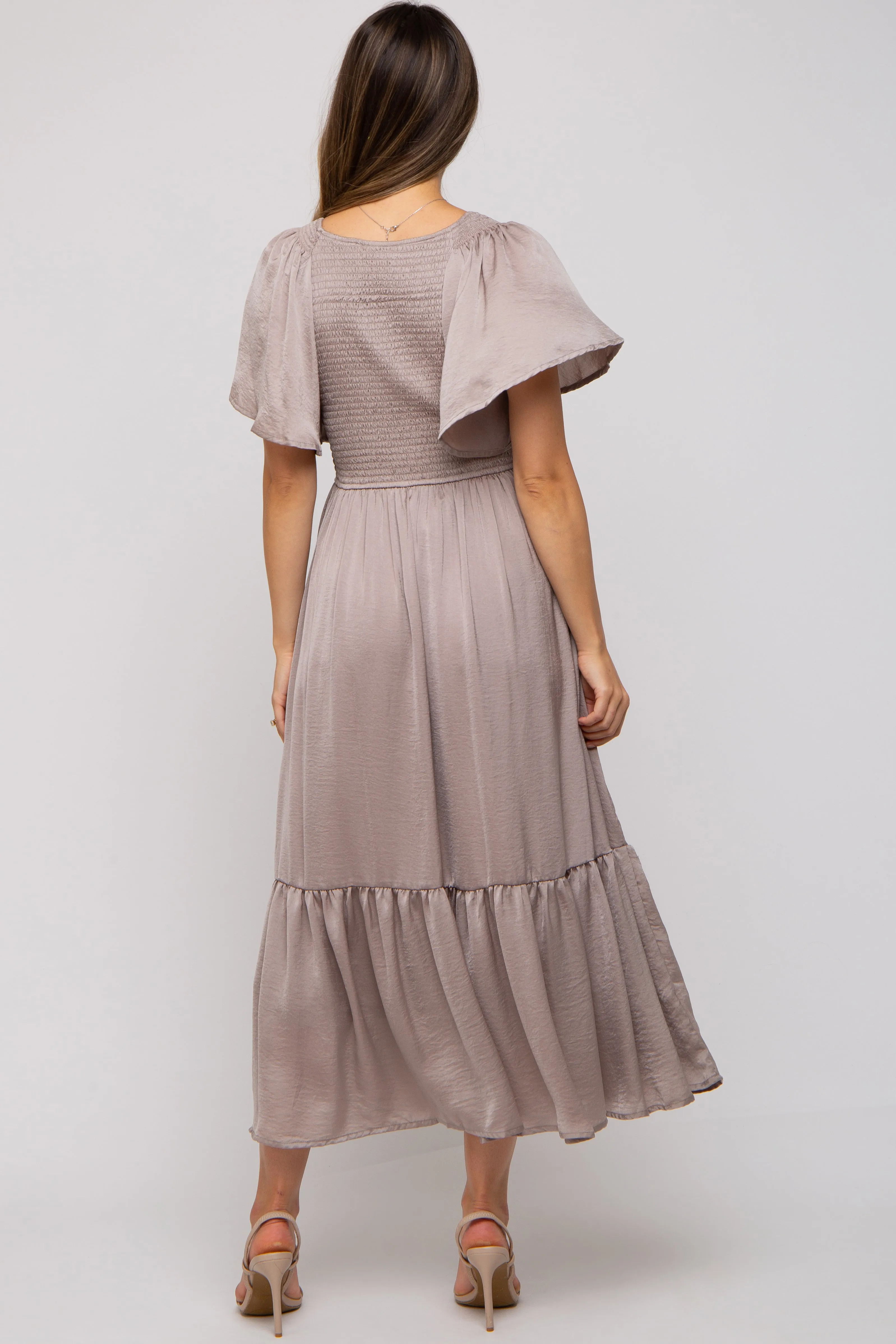 Taupe Satin Smocked Maternity Midi Dress sold by Pinkblush product image thumbnail 3