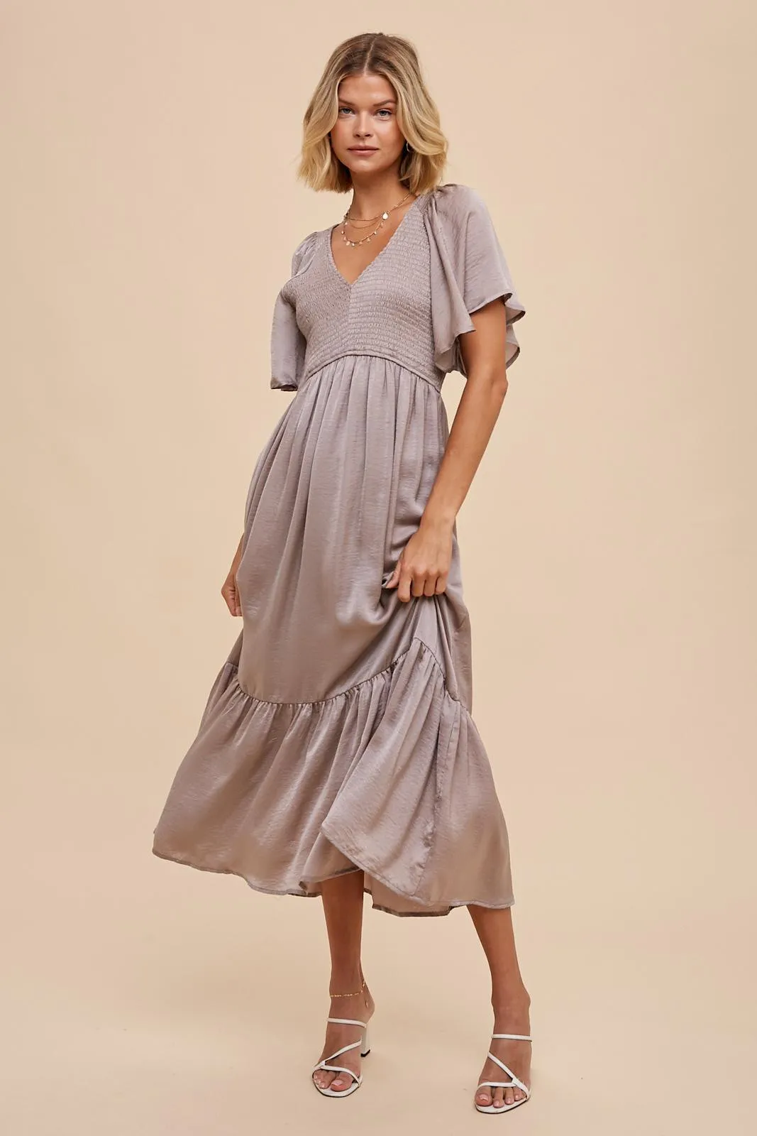 Taupe Satin Smocked Maternity Midi Dress sold by Pinkblush product image thumbnail 4