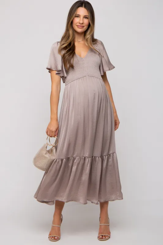 Taupe Satin Smocked Maternity Midi Dress sold by Pinkblush