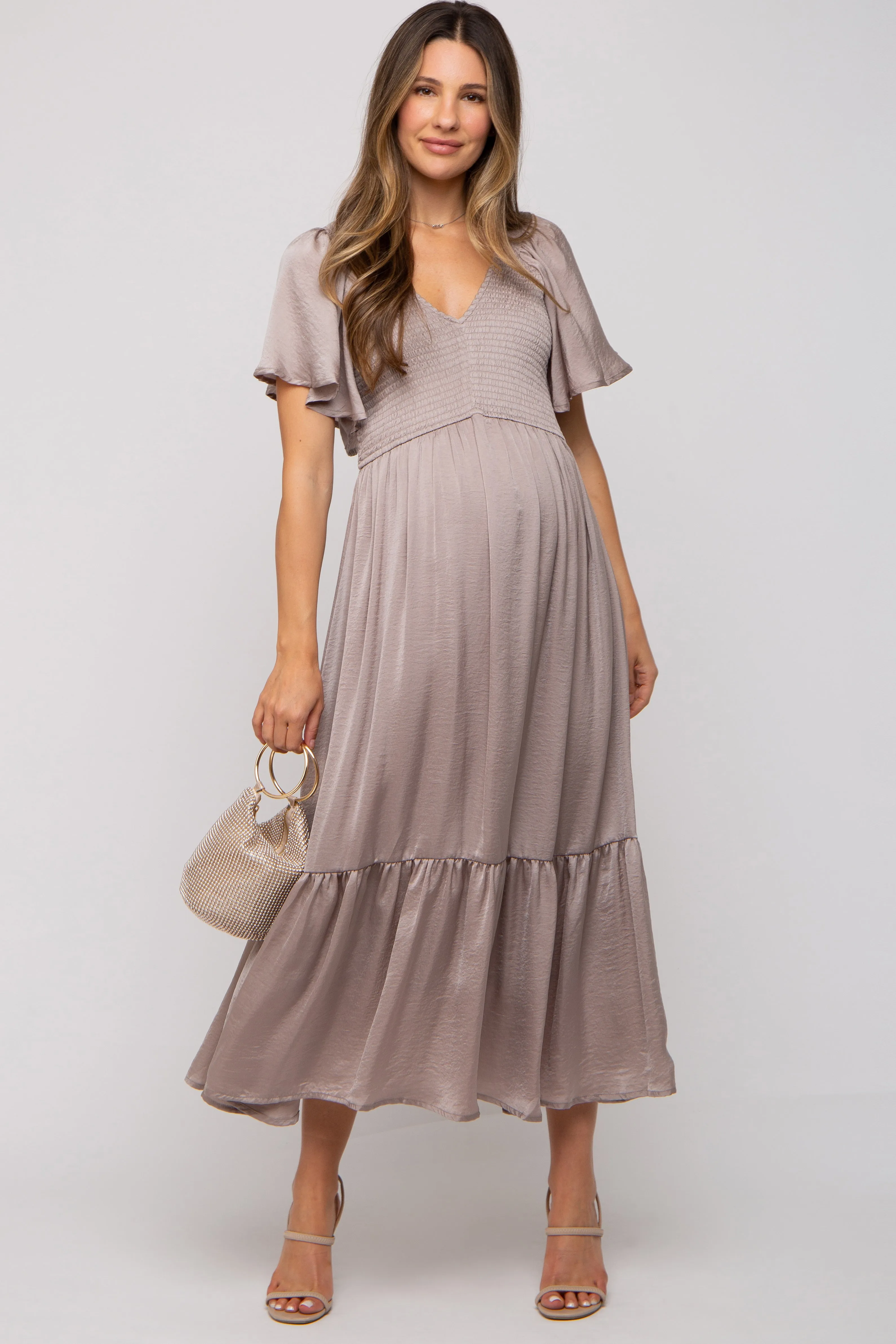 Taupe Satin Smocked Maternity Midi Dress sold by Pinkblush