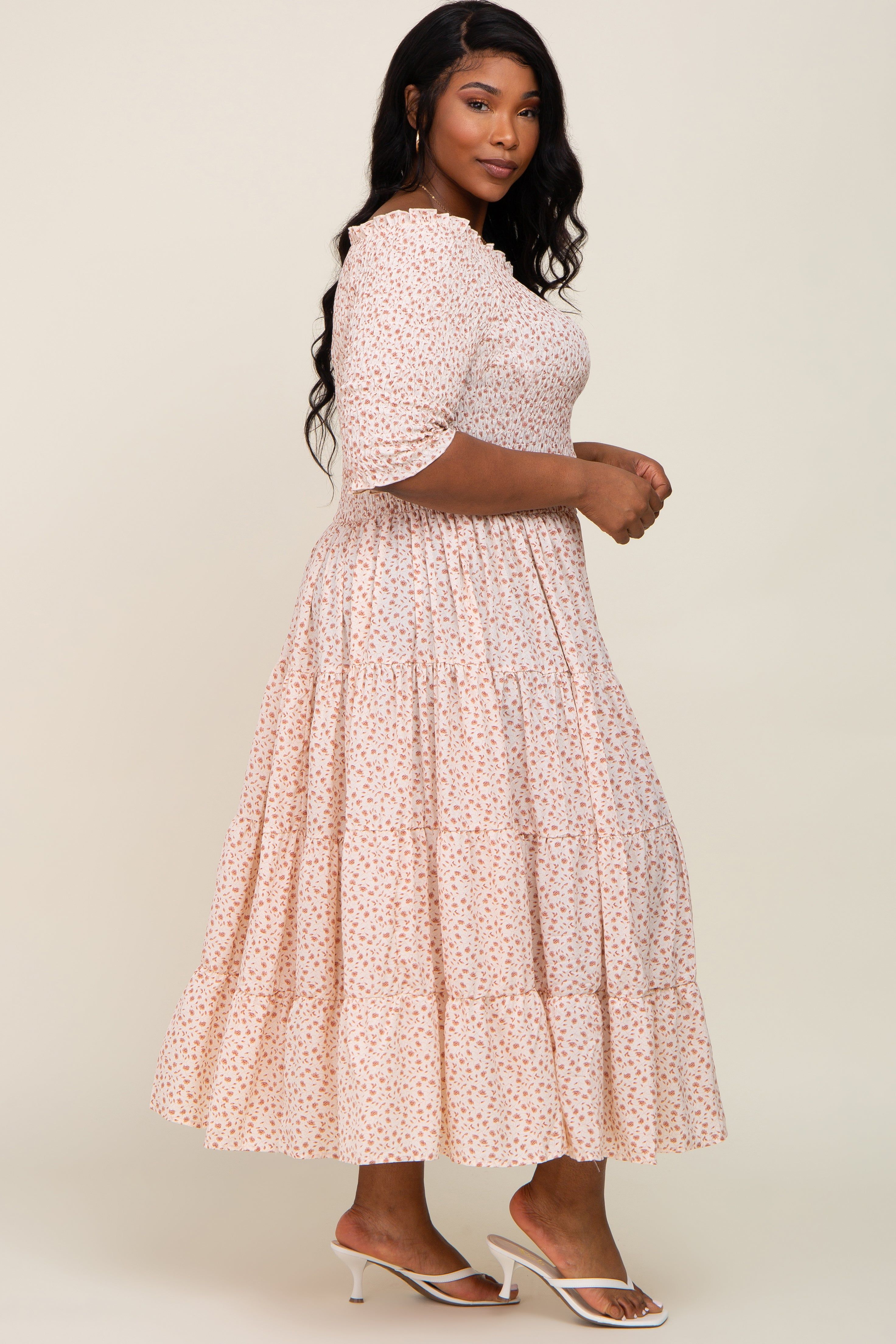 Ivory Ditsy Smocked Tiered Off Shoulder Plus Midi Dress sold by Pinkblush product image thumbnail 2
