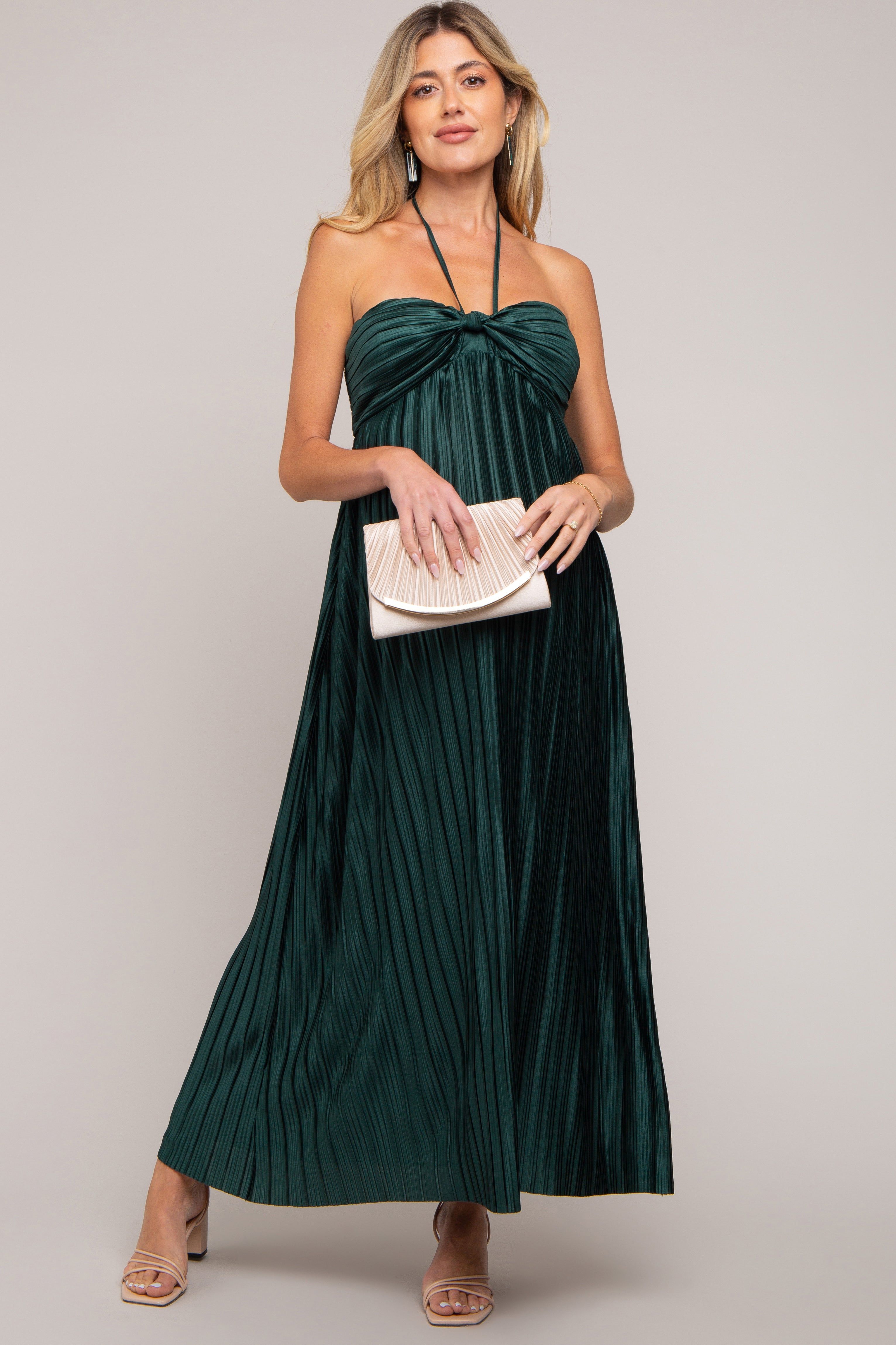 Forest Green Pleated Halter Maternity Maxi Dress sold by Pinkblush