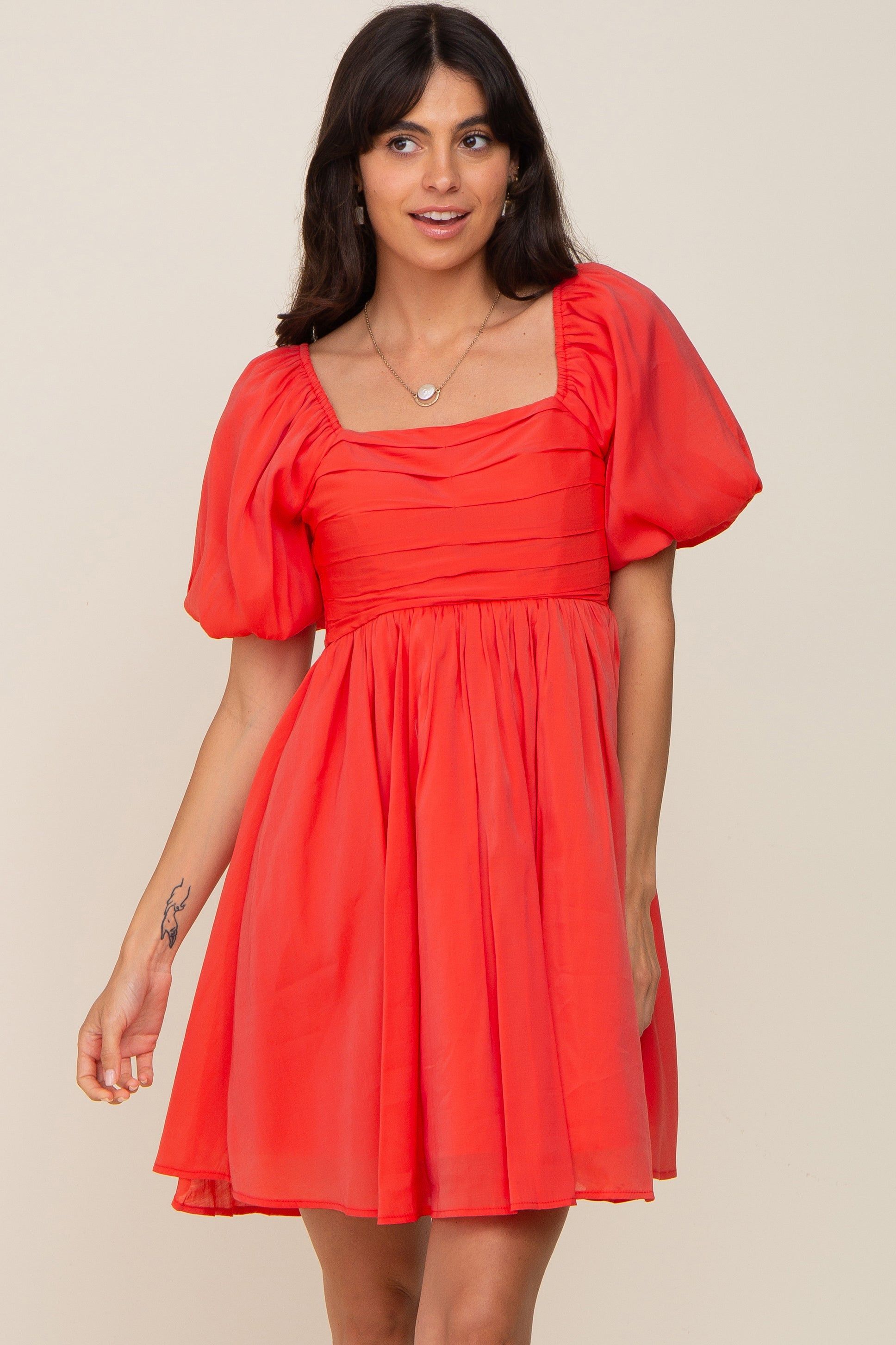 Orange Square Neck Puff Short Sleeve Maternity Dress sold by Pinkblush product image thumbnail 5