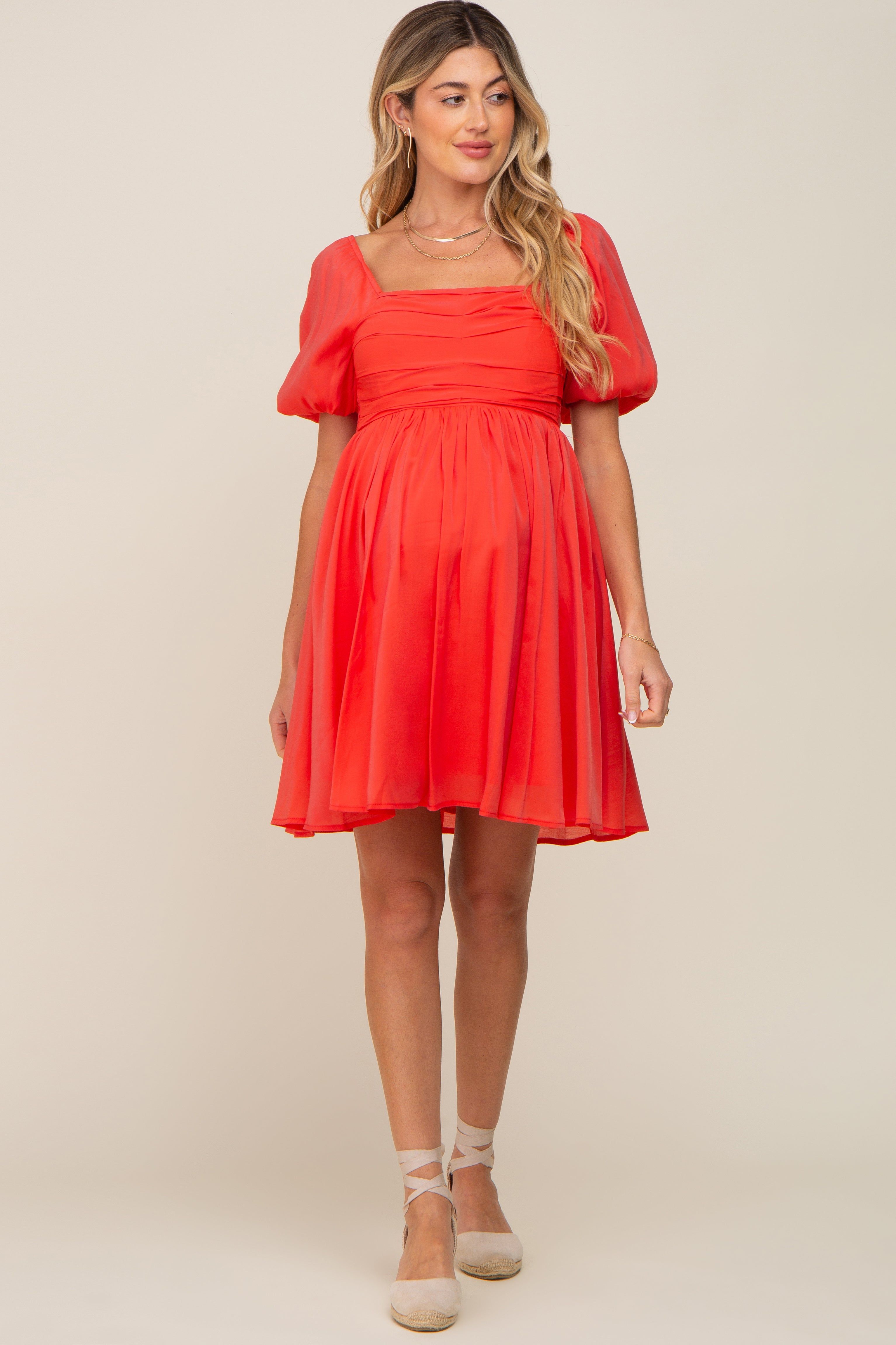 Orange Square Neck Puff Short Sleeve Maternity Dress sold by Pinkblush product image thumbnail 4