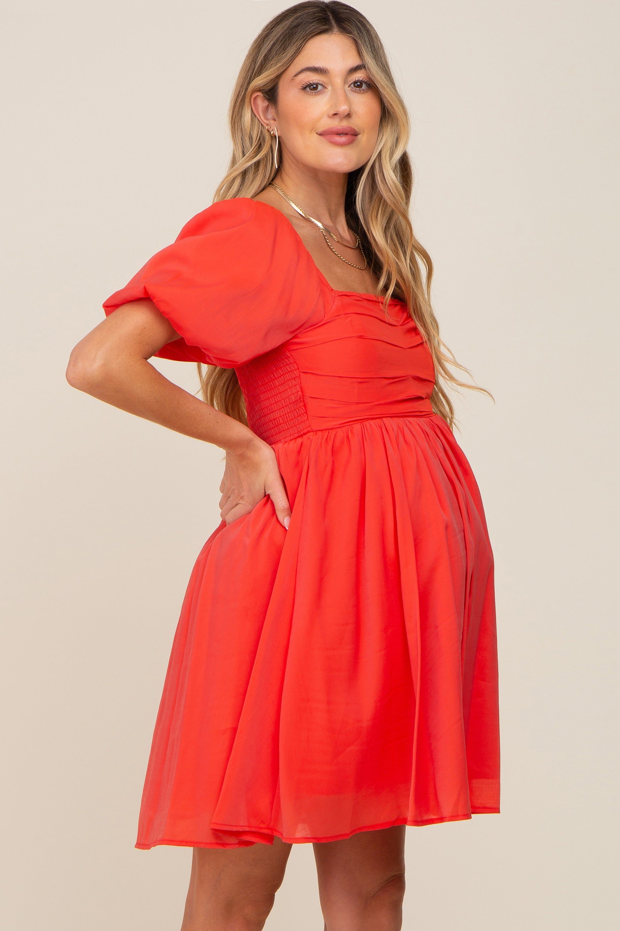 Orange Square Neck Puff Short Sleeve Maternity Dress sold by Pinkblush product image thumbnail 2