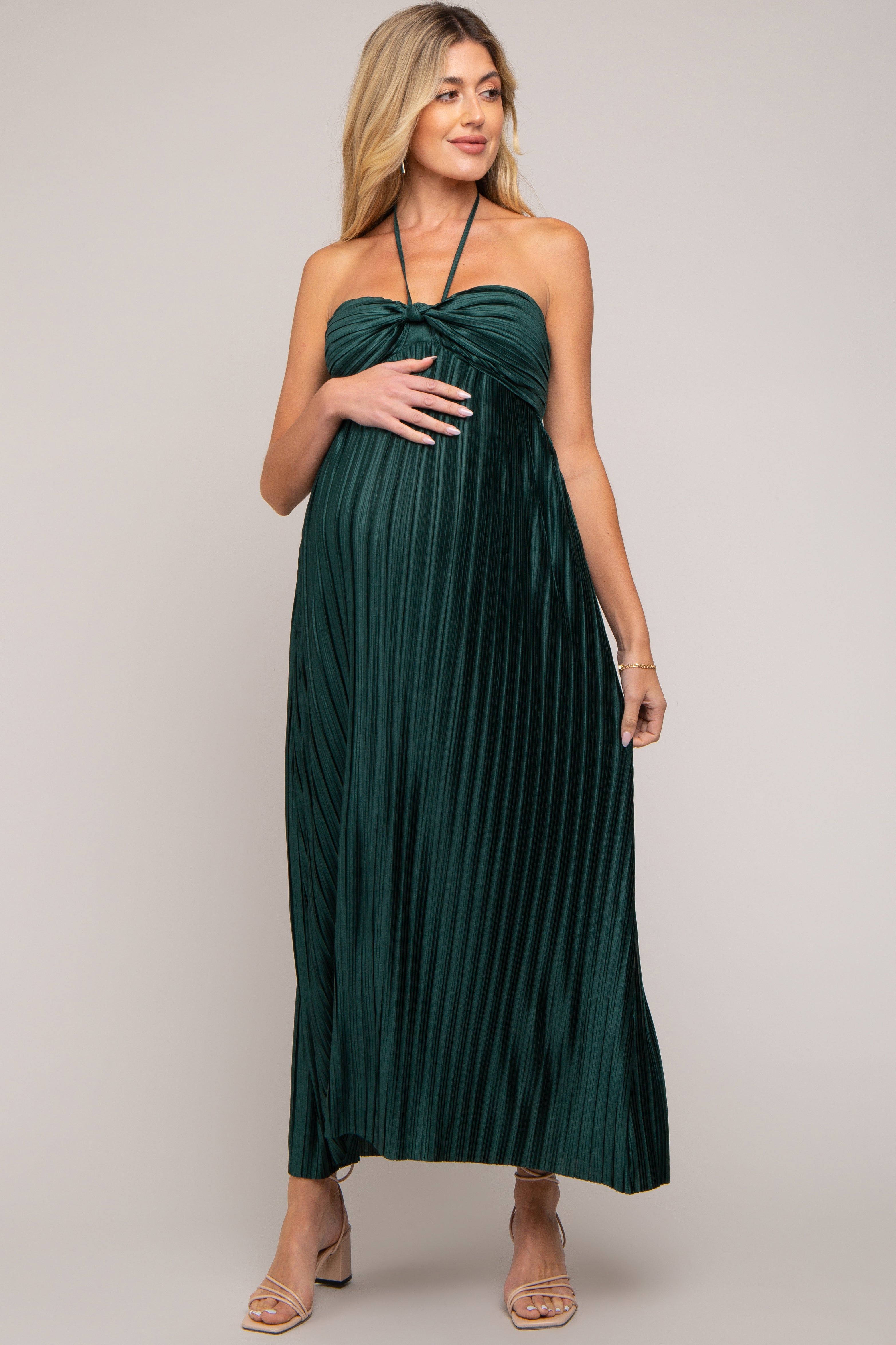 Forest Green Pleated Halter Maternity Maxi Dress sold by Pinkblush product image thumbnail 5