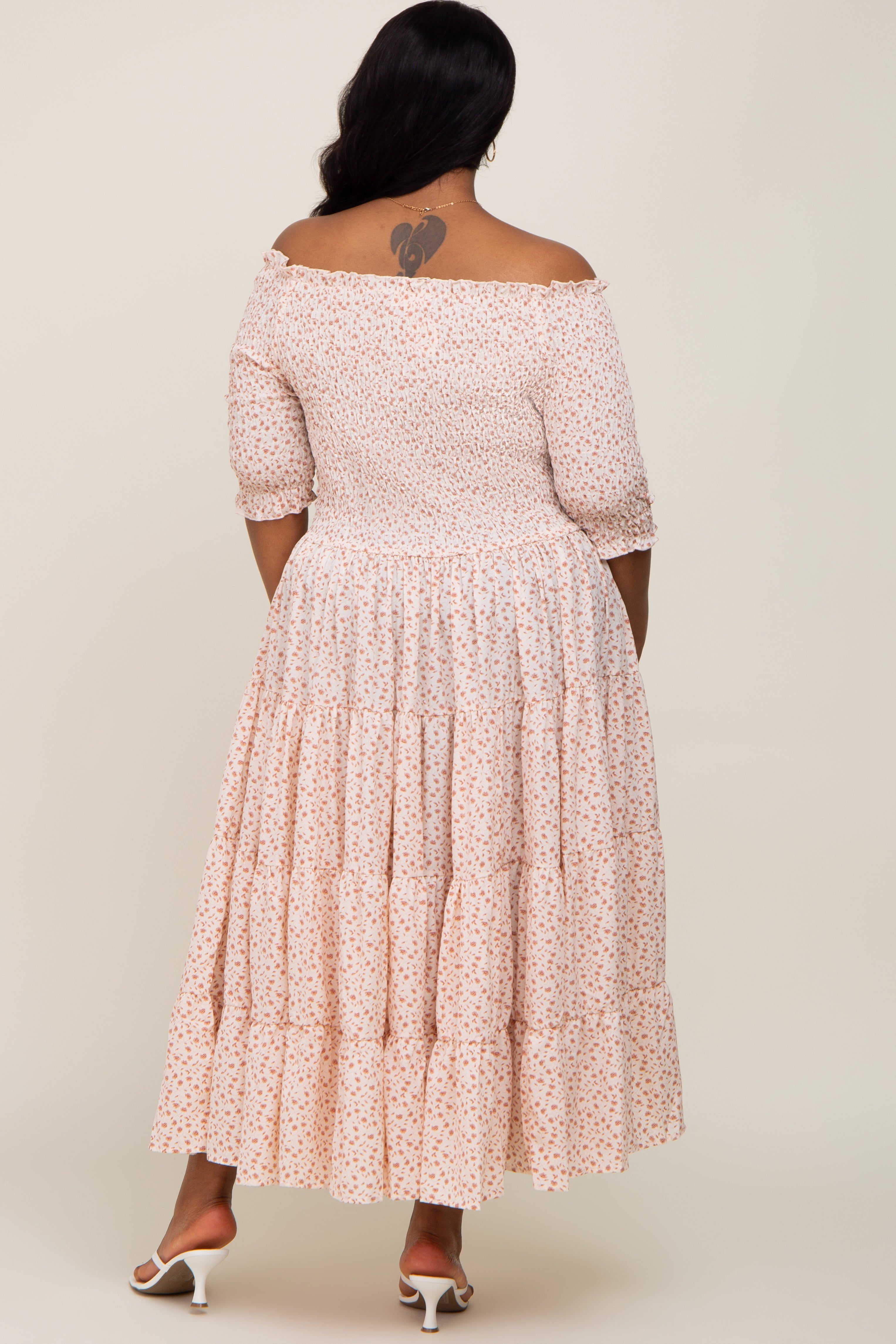 Ivory Ditsy Smocked Tiered Off Shoulder Plus Midi Dress sold by Pinkblush product image thumbnail 3
