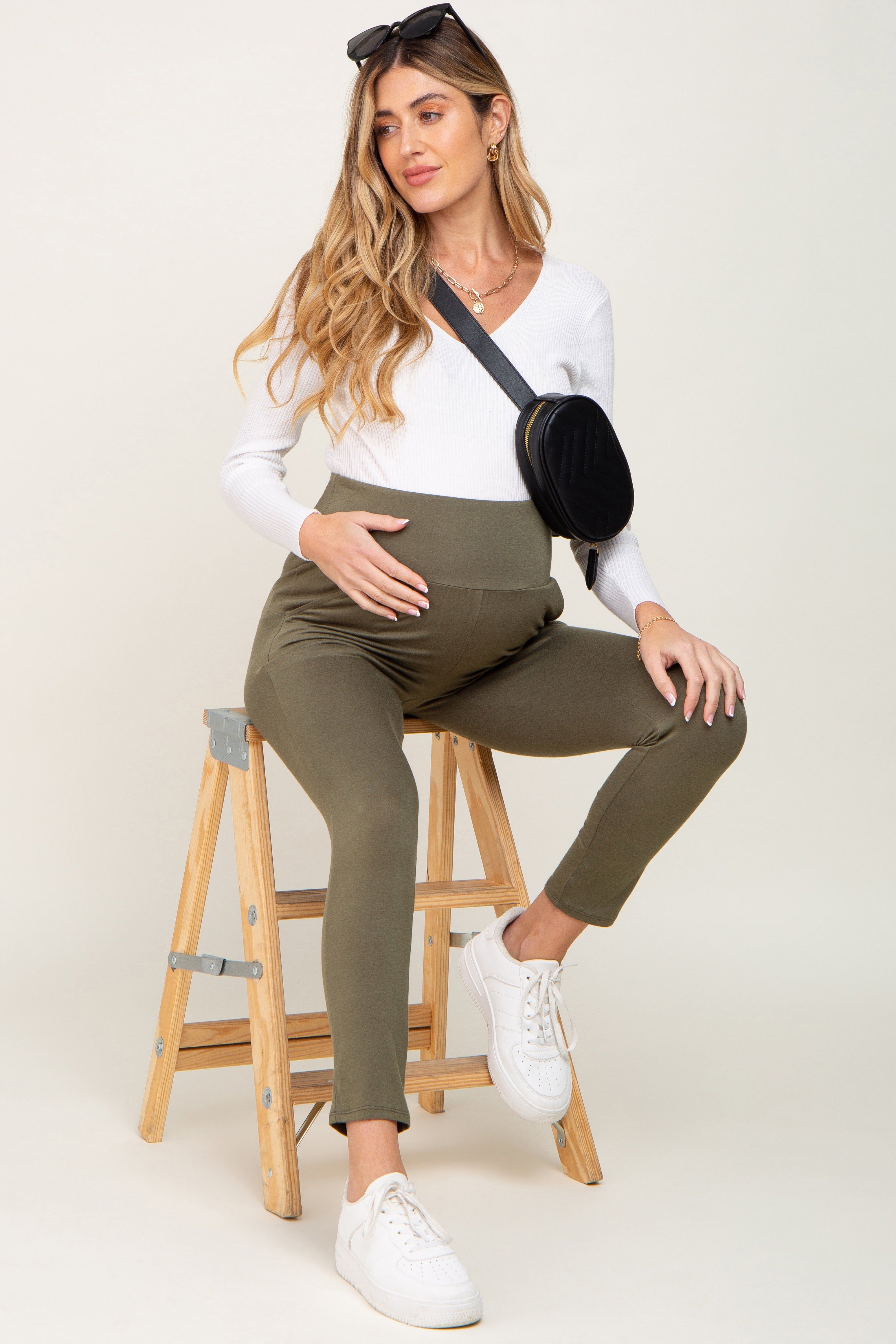 Olive High Waisted Knit Maternity Pants sold by Pinkblush product image thumbnail 2