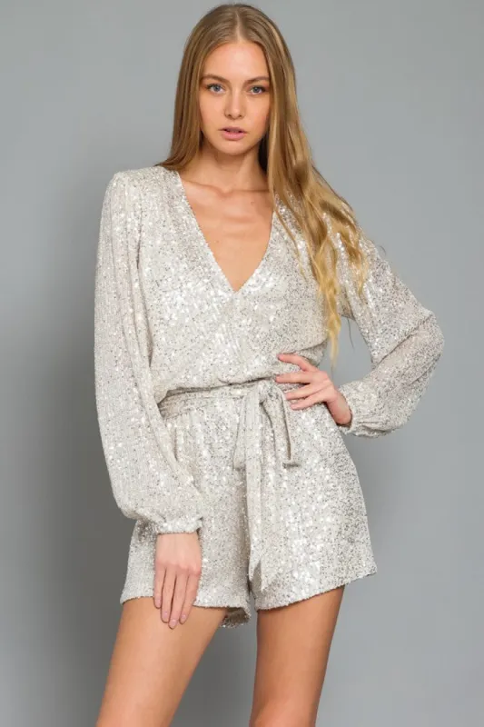 Silver Long Sleeve Sequin Romper sold by Pinkblush