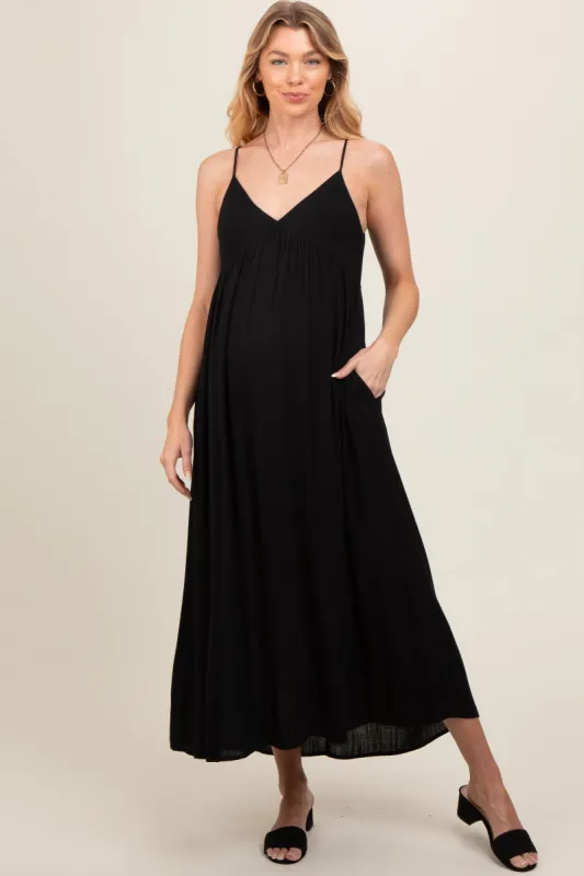 Black Sleeveless V-Neck Maternity Midi Dress sold by Pinkblush