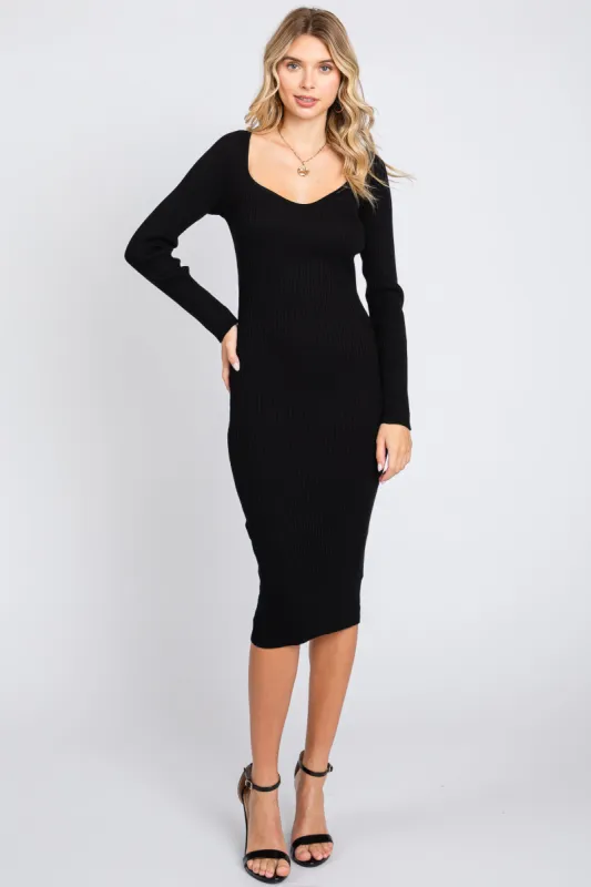 Black Ribbed Knit Fitted Long Sleeve Dress sold by Pinkblush