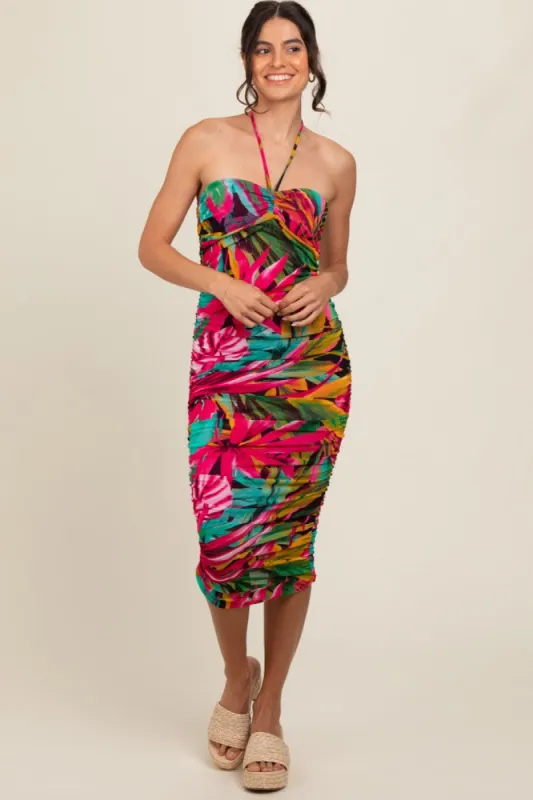 Fuchsia Tropical Halter Fitted Midi Dress sold by Pinkblush
