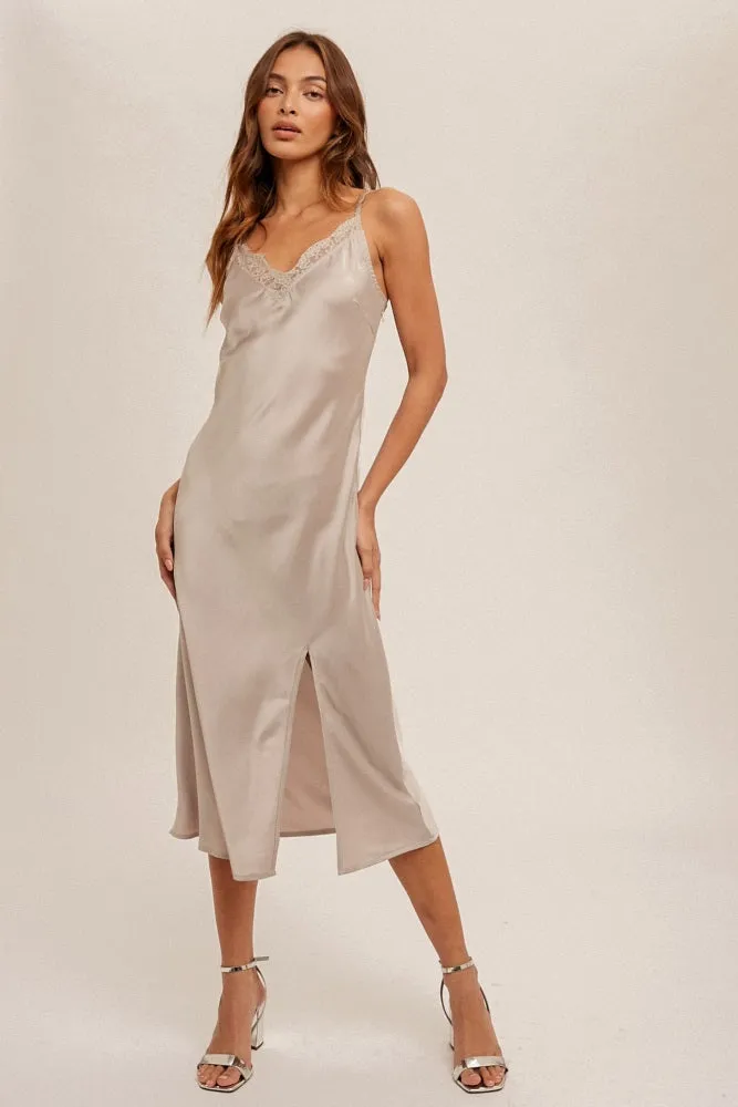 Champagne Lace Trim V Neck Satin Midi Slip Dress sold by Pinkblush